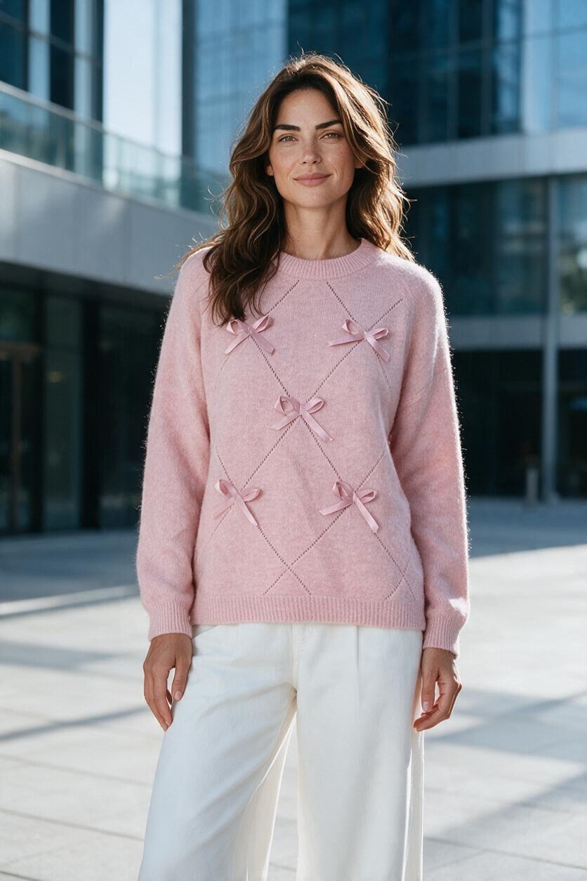 Wholesaler MAISON-X - CREW NECK SWEATERS IN WOOL BLEND JACQUARD DIAMOND WITH SATIN BOW