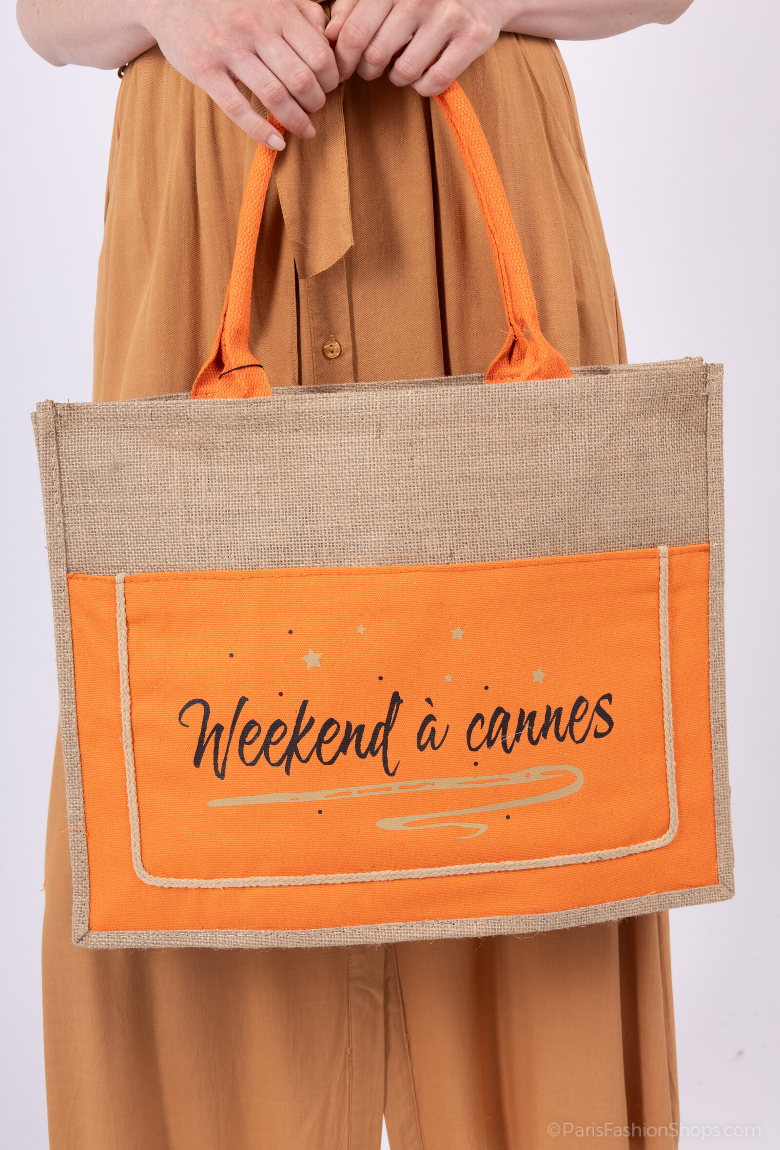 Grossista MAR&CO Accessoires - Borsa stampata per il fine settimana a Cannes 35*45*14cm 100%di tela di juta naturale