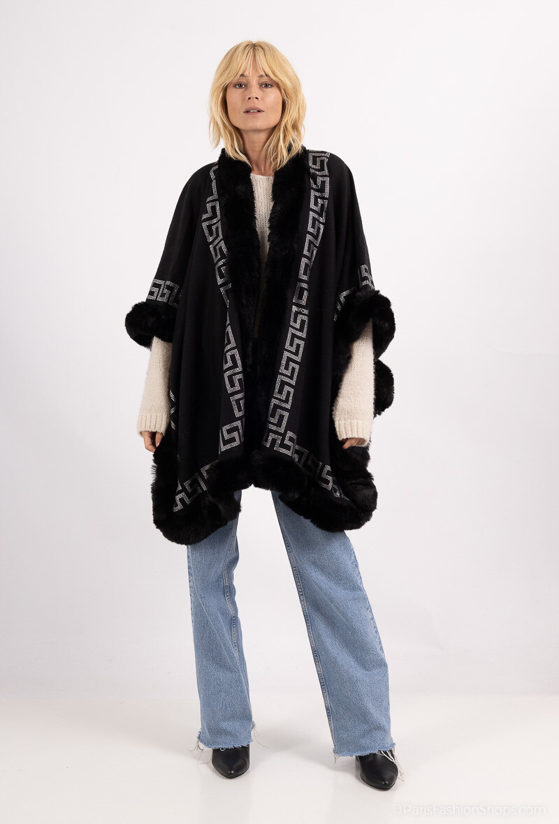 Grossiste MAR&CO Accessoires - Poncho cape  fausse fourrure imprimé avec strass