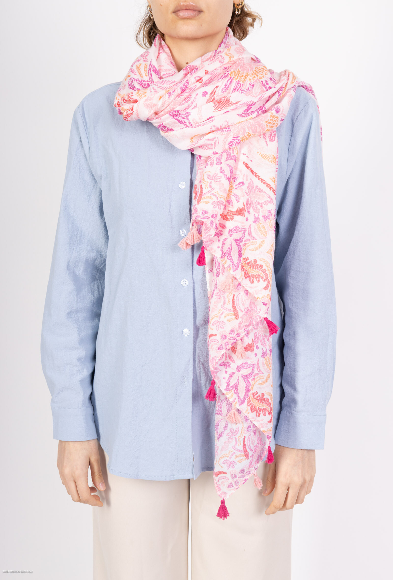 Wholesaler MAR&CO Accessoires - Leaves printed scarf with pompoms