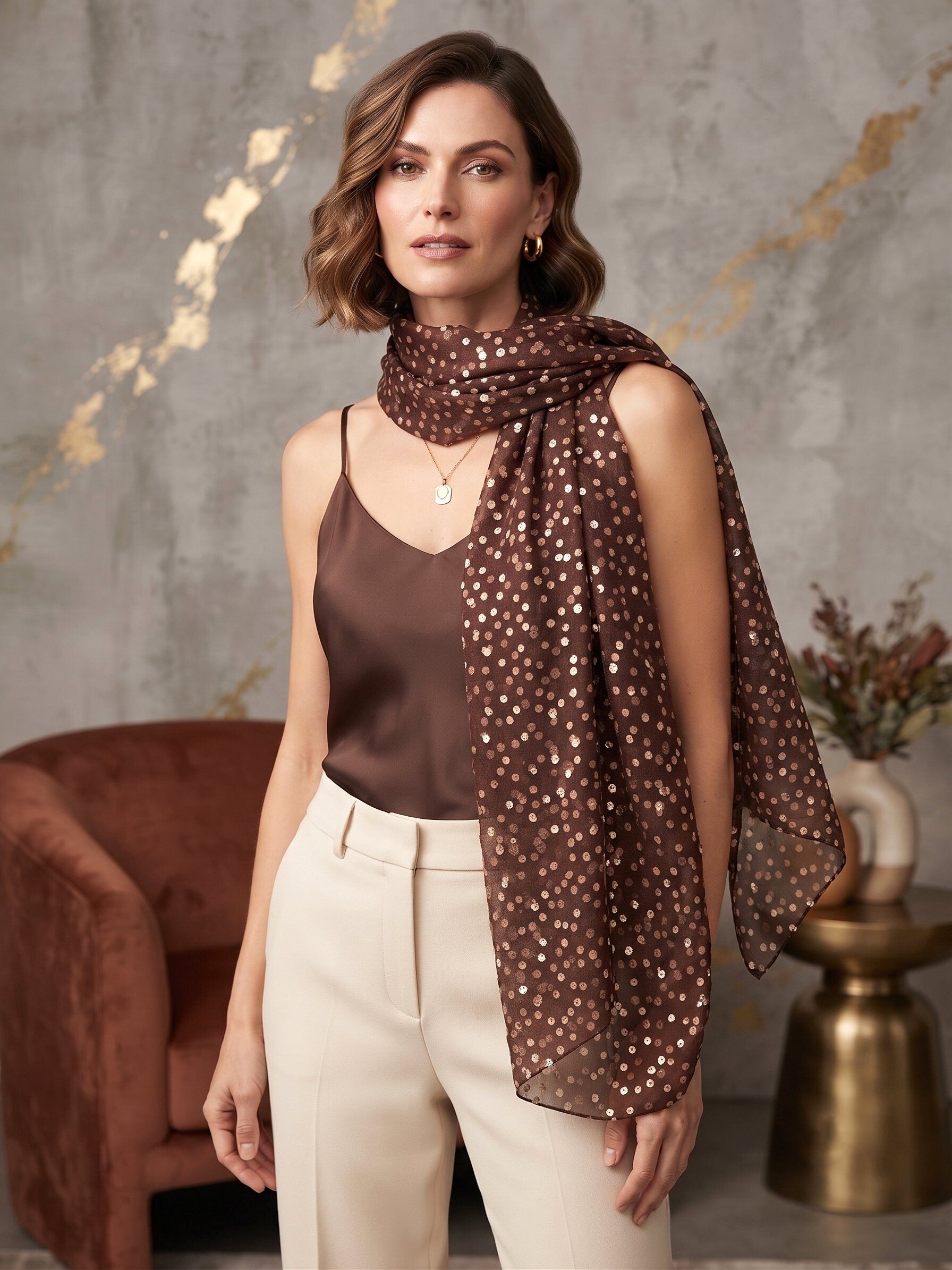 Grossista MAR&CO Accessoires - Sciarpa stampata a pois con dettagli dorati