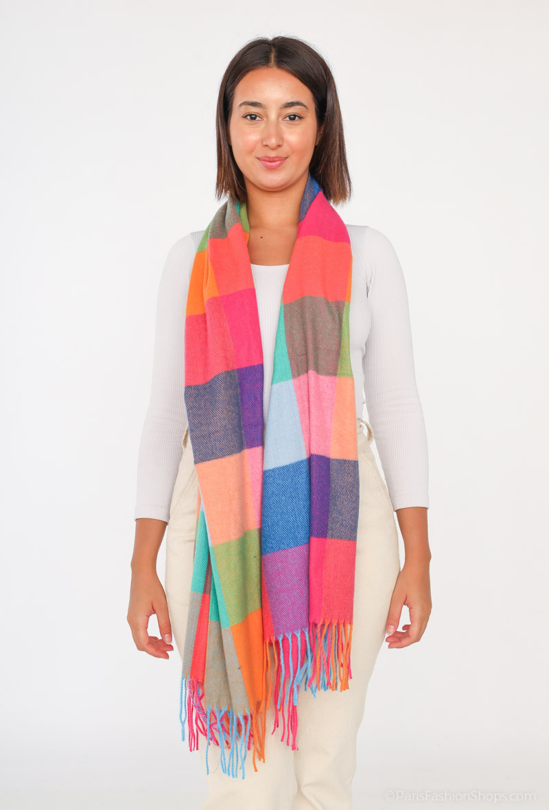 Grossiste MAR&CO Accessoires - Foulard coloré longue à carreaux avec franges