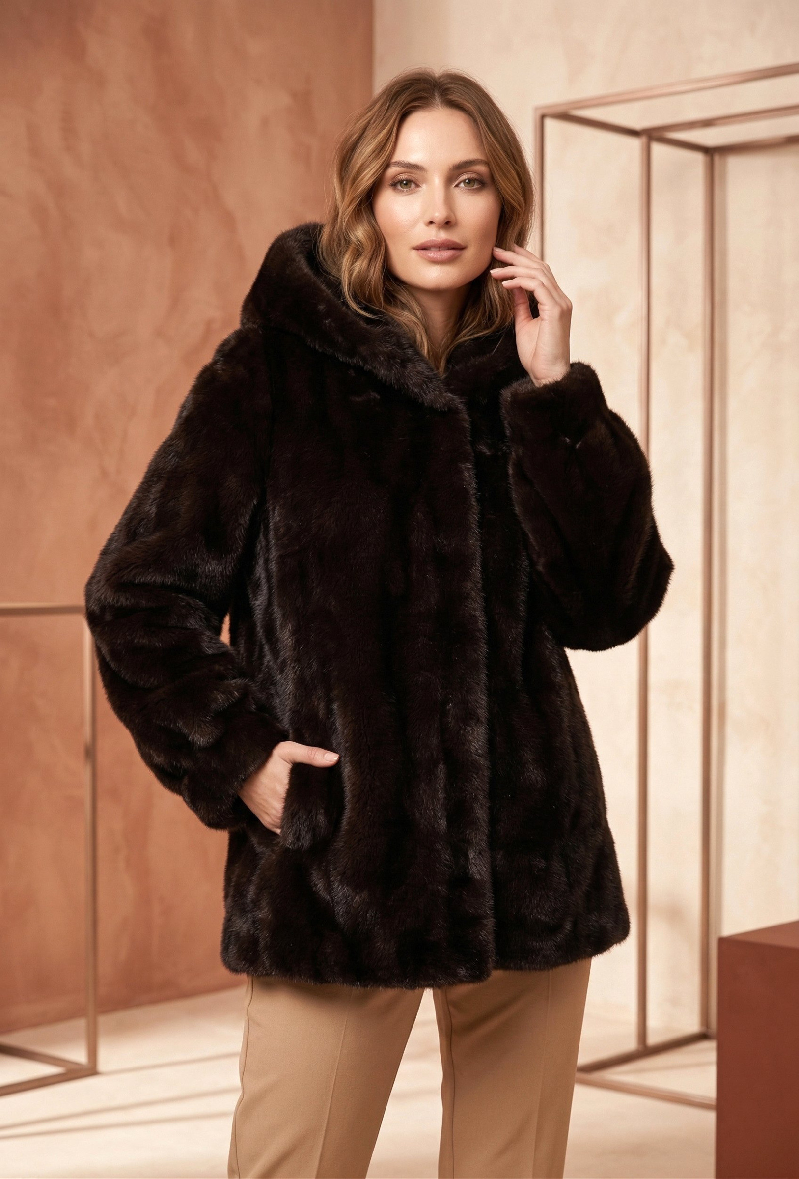 Grossiste MAR&CO Accessoires - Manteau  fourrure avec capuche  synthétique effet vison