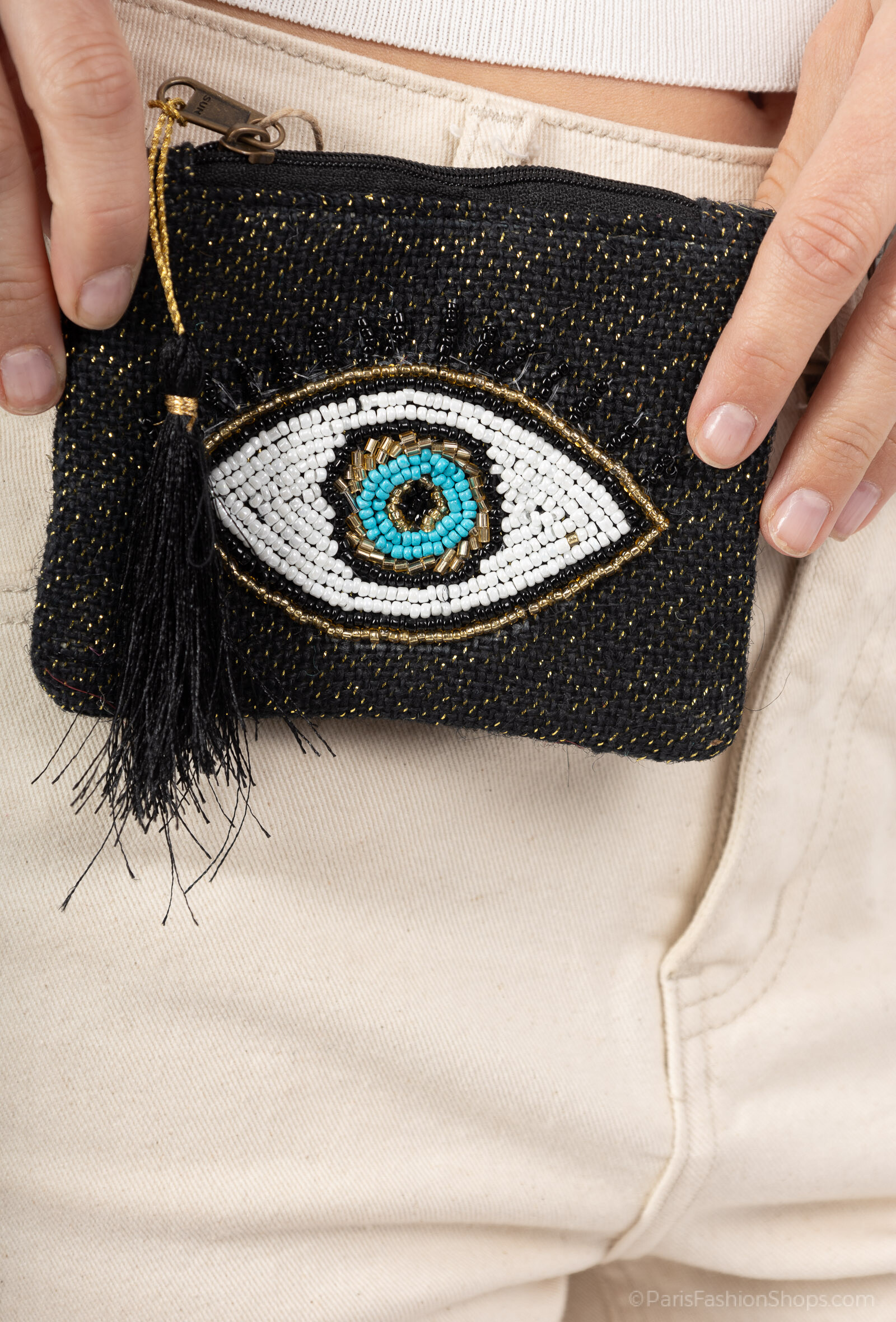 Grossiste MAR&CO Accessoires - pochettes porte-monnaie motif oeil brodé en perles  9*13cm made in india