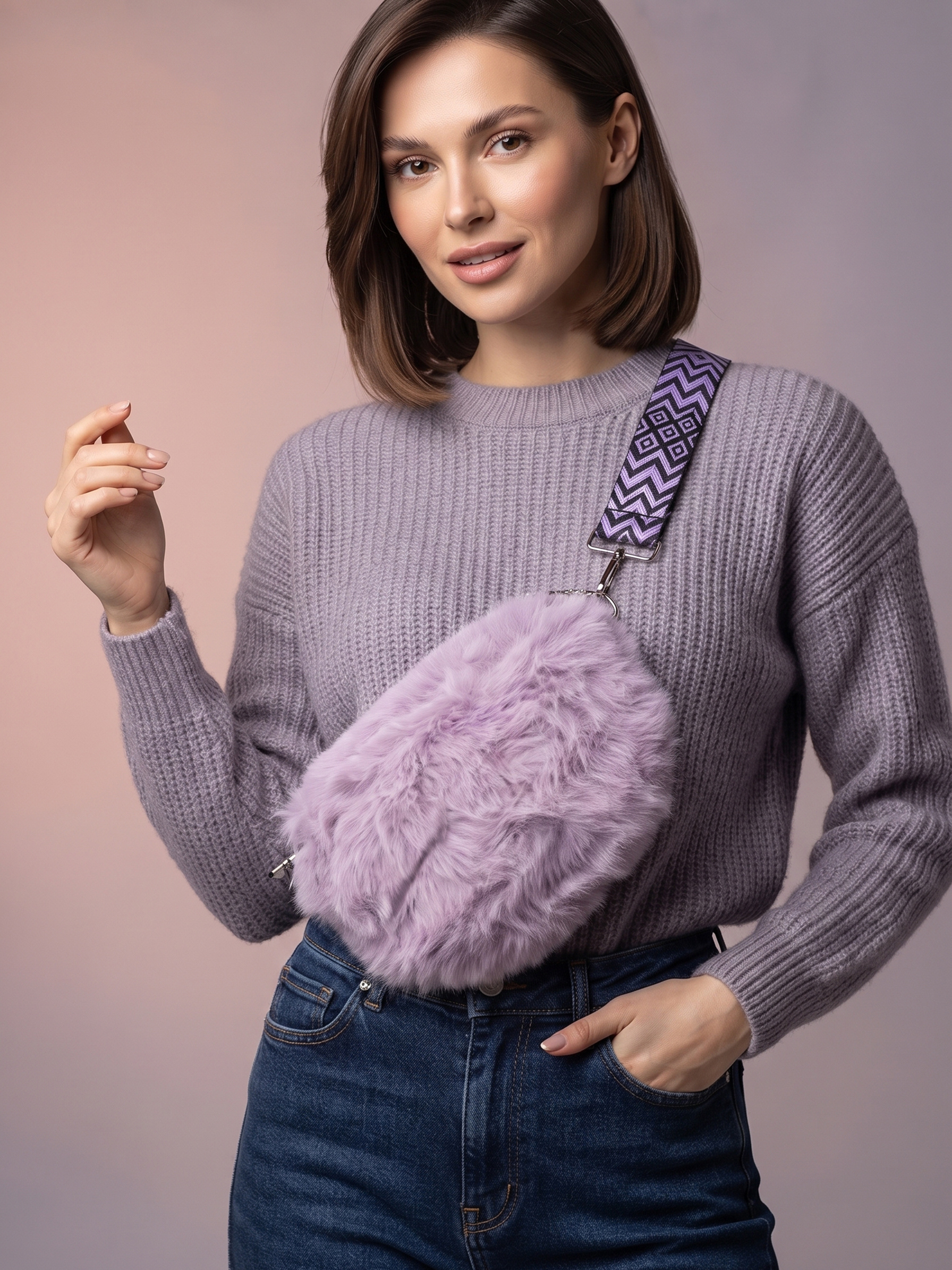 Grossista MAR&CO Accessoires - Marsupio con zip e tracolla larga in ecopelliccia