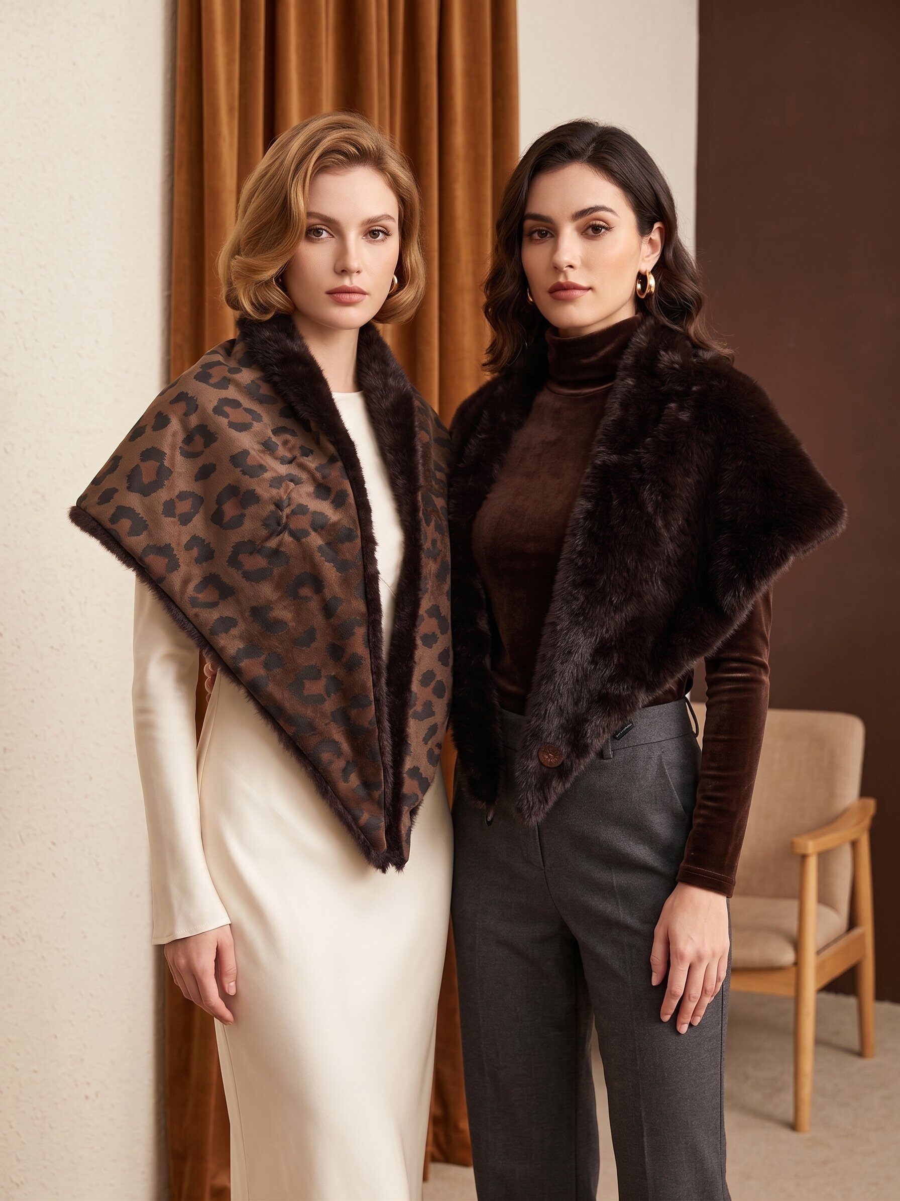 Grossista MAR&CO - sciarpa triangolare double-face con stampa leopardata in pelliccia sintetica 48*130CM