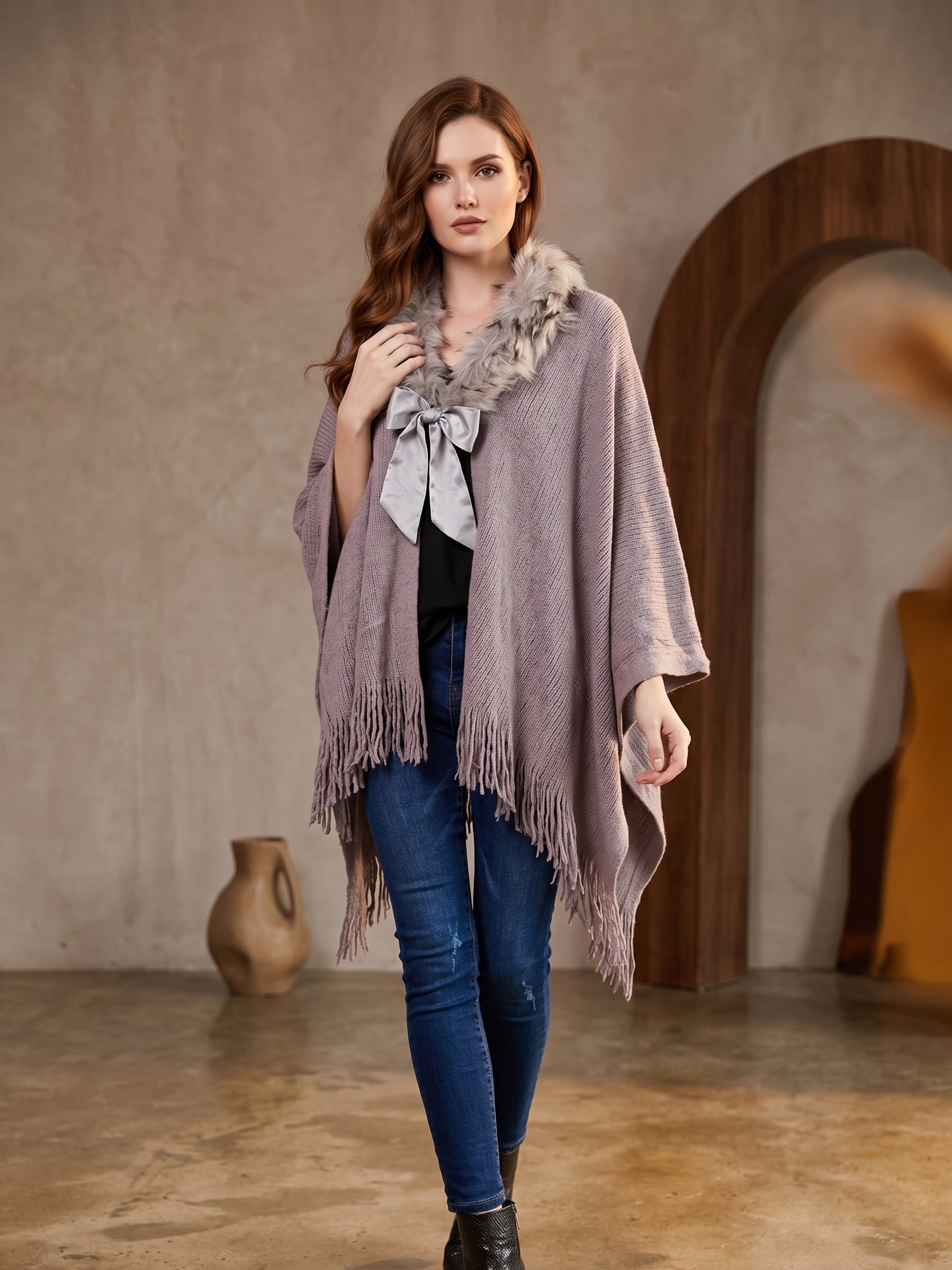 Grossiste MAR&CO - Poncho avec col en fourrure