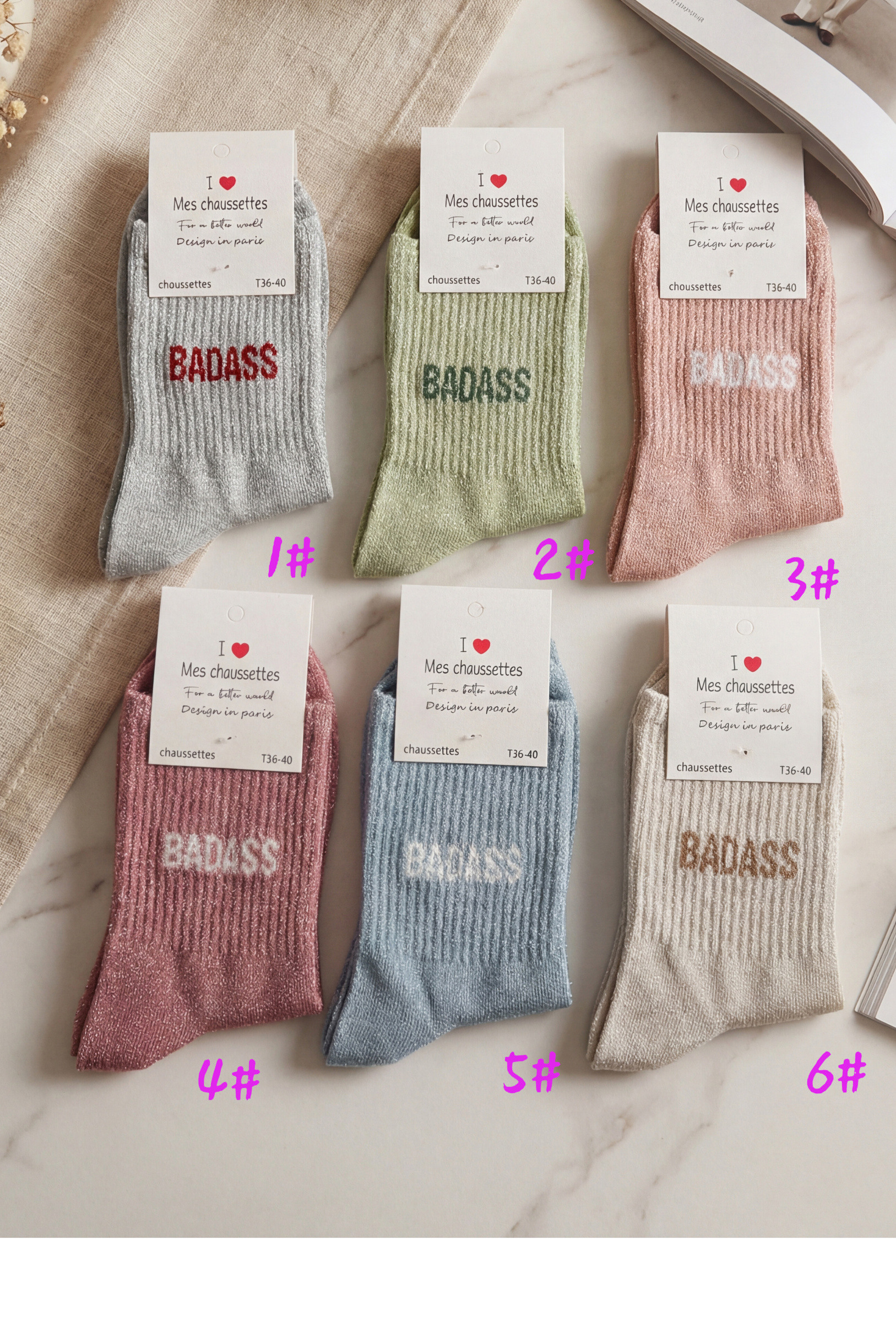 Wholesaler MAR&CO - Shiny socks with BADASS letter print