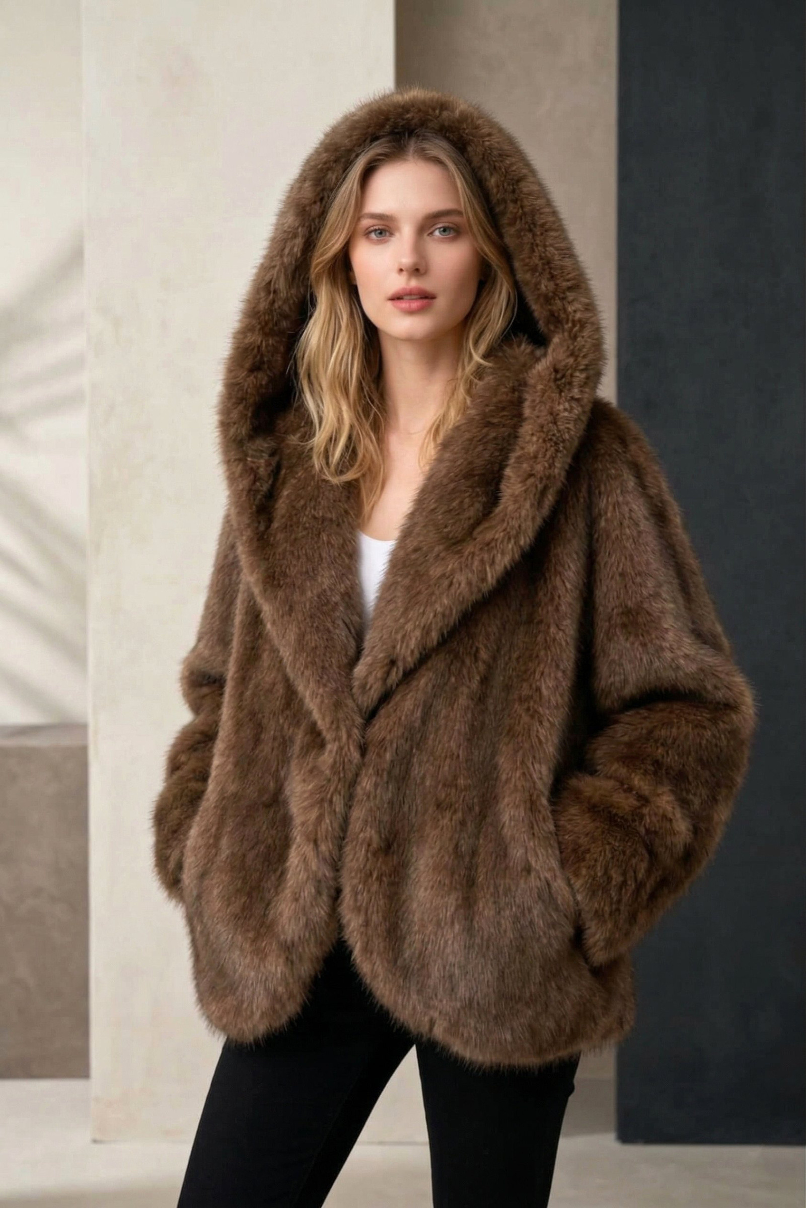 Grossiste MAR&CO - Veste en fausse fourrure avec capuche effet vison