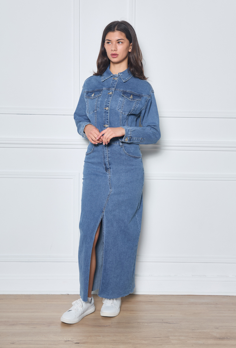 Stretch denim skirt jumpsuit | Paris Fashion Shops