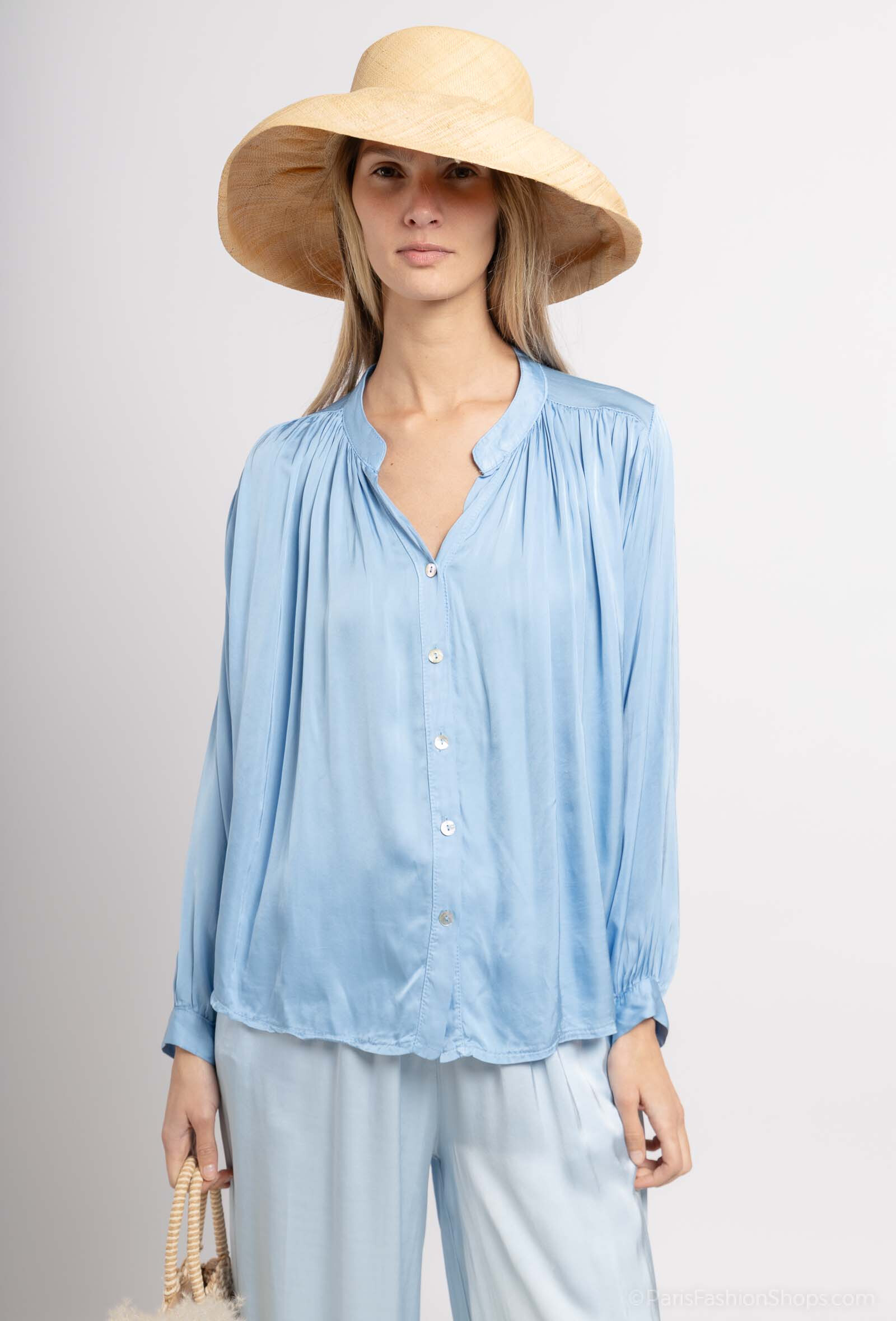 Grossista Max & Enjoy (Vêtements) - Blusa di seta miscelata, colletto mao, maniche lunghe ballars mouse