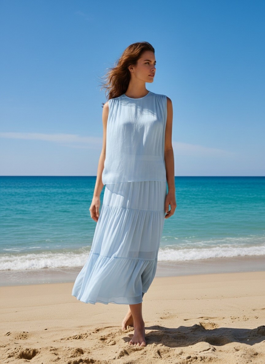 Grossista Max & Enjoy (Vêtements) - Blusa plissettata senza maniche con collo rotondo in una leggera miscela di seta