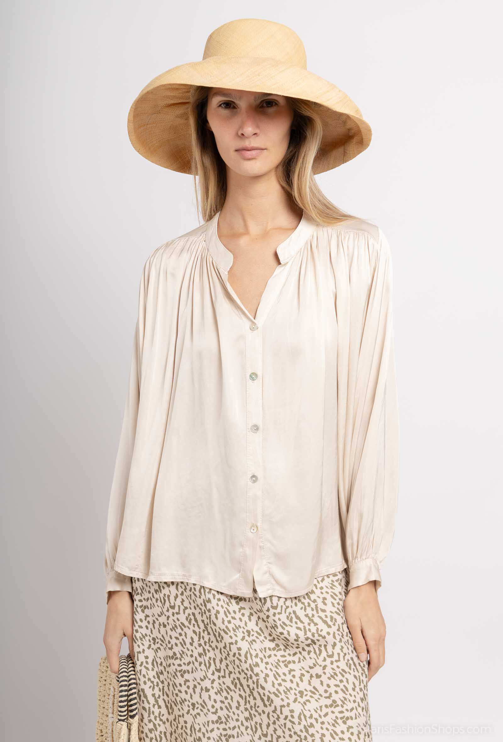 Grossiste Max & Enjoy (Vêtements) - Blouse soie mélangée boutonnée tout du long, col mao, manches longues ballons