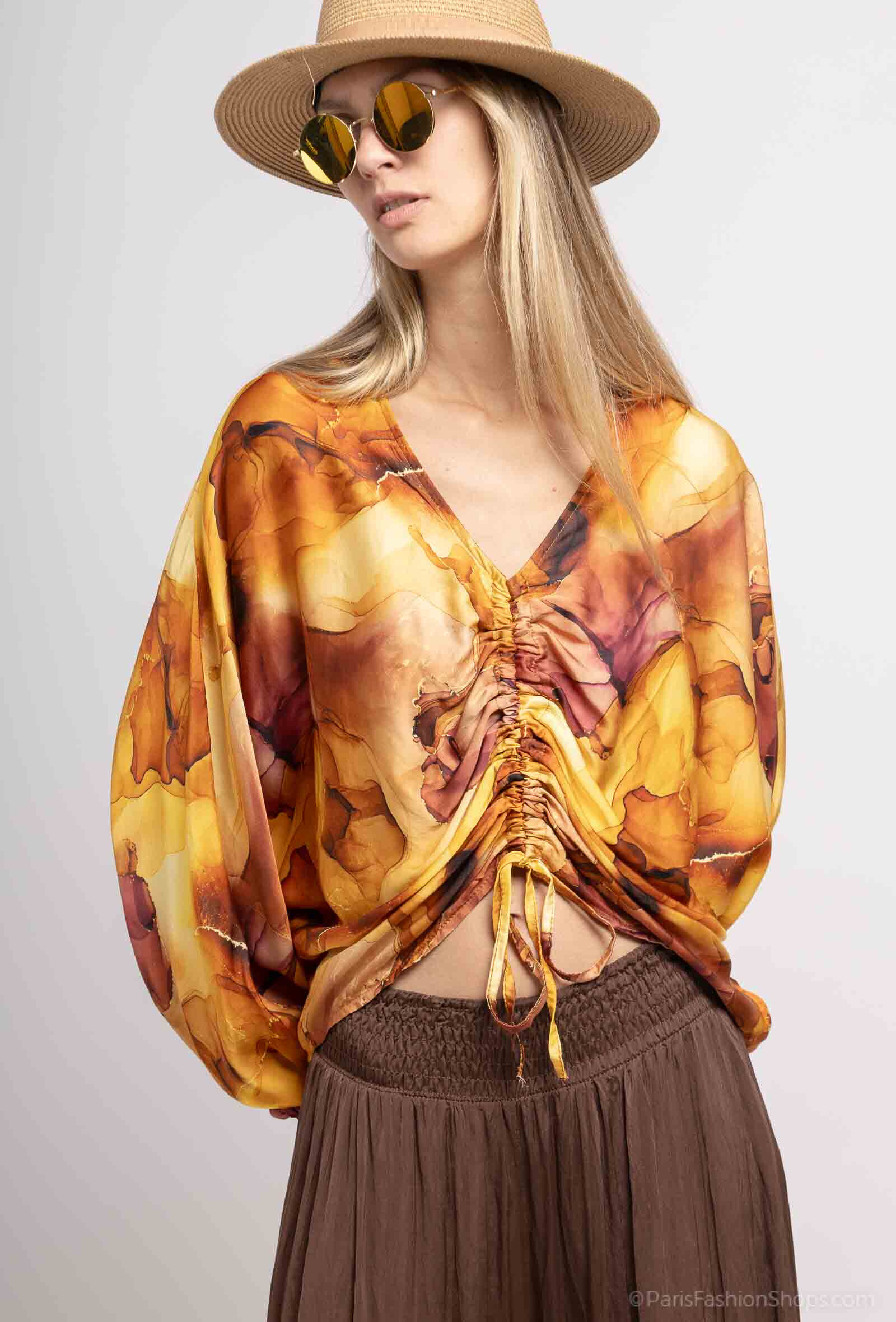 Grossista Max & Enjoy (Vêtements) - Camicetta v -Cinta "cravatta e tintura", maniche lunghe, effetto raso di seta mista