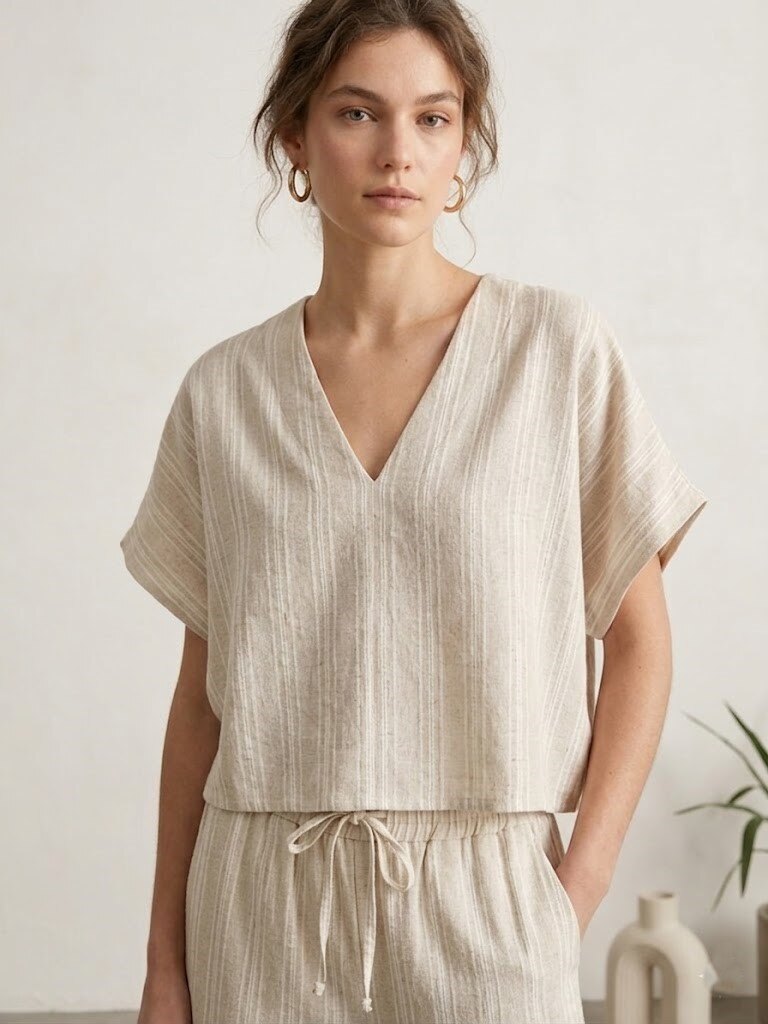 Grossiste Max & Enjoy (Vêtements) - Blouse à rayures col v en LIN mélangé