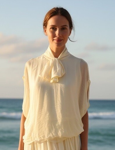Grossiste Max & Enjoy (Vêtements) - Blouse col lavallière en soie mélangée effet vaporeux
