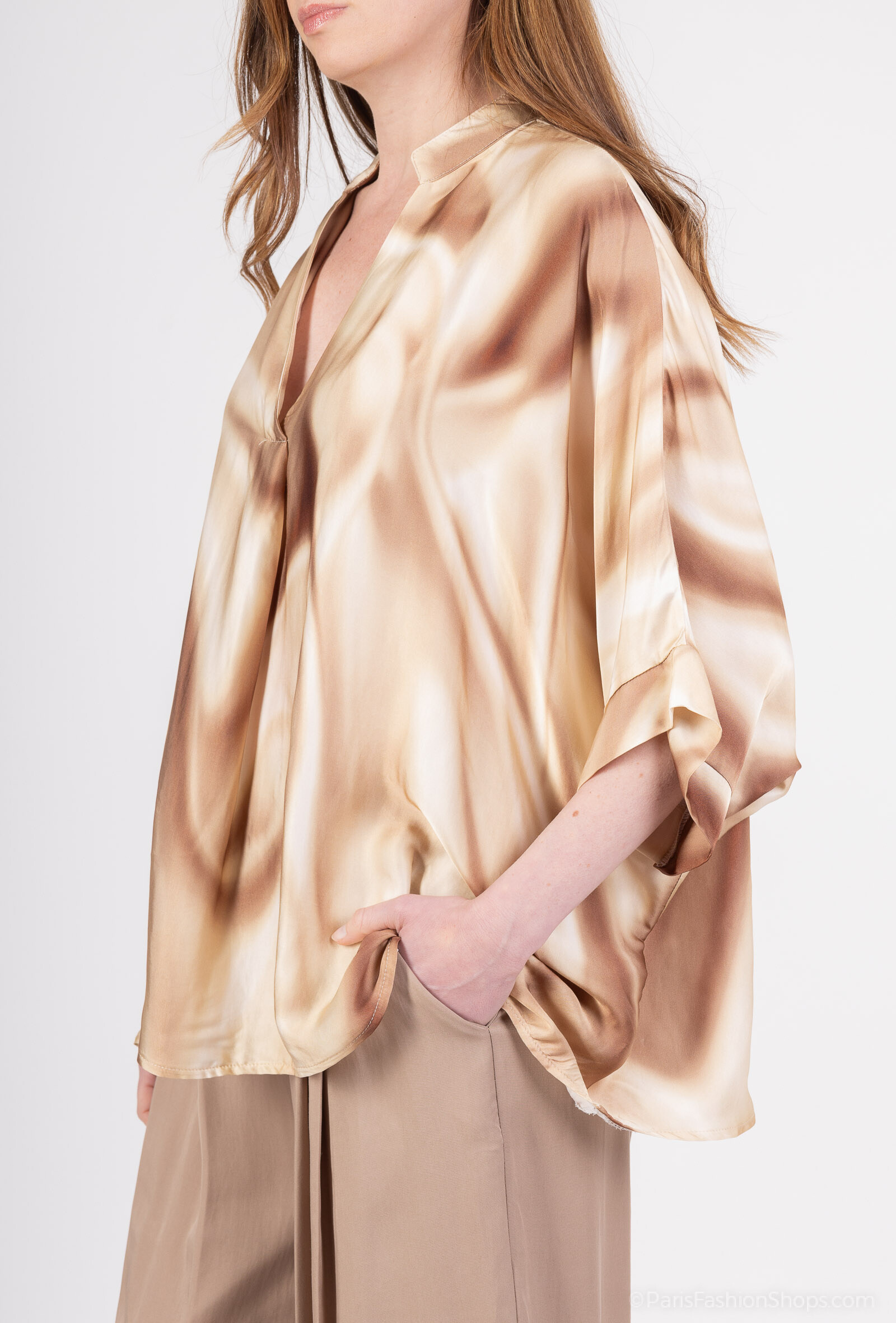 Grossista Max & Enjoy (Vêtements) - Camicetta lunga oversize stampata "cravatta e colorante", maniche corte