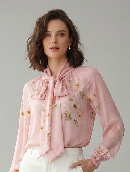 Grossiste Max & Enjoy (Vêtements) - Blouse imprimée florie en col lavallière en soie mélangée, manches longues