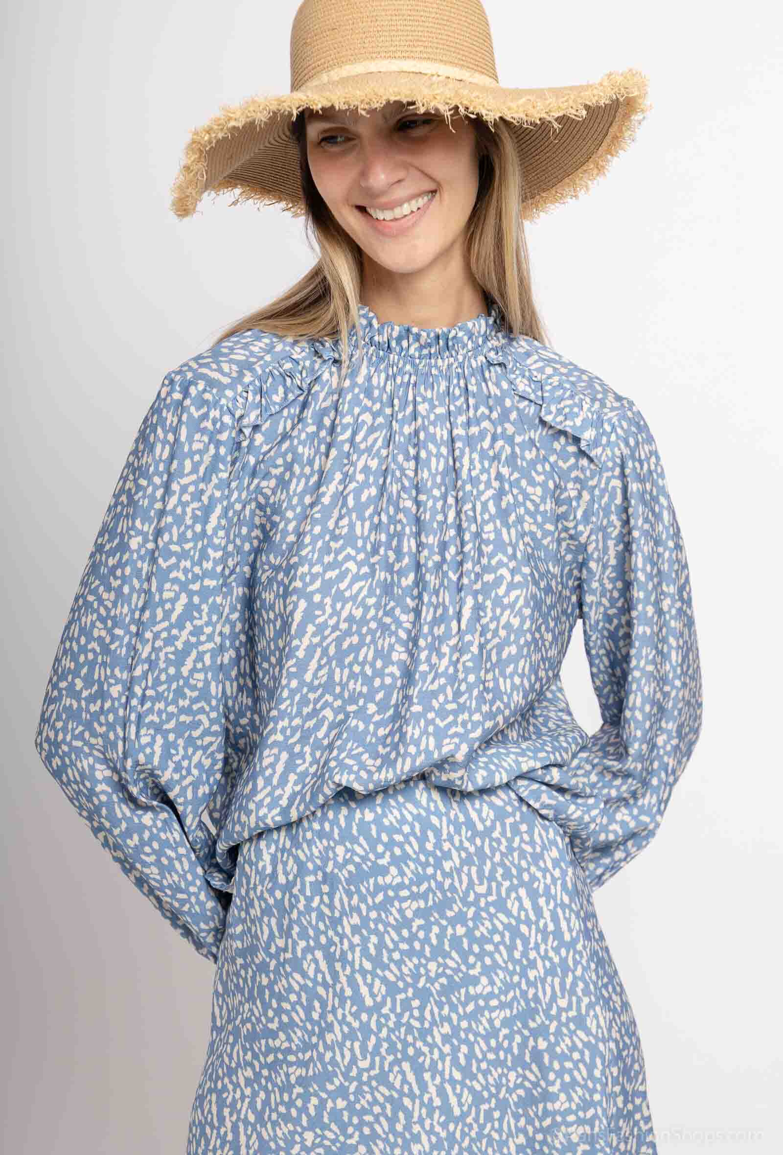 Mayorista Max & Enjoy (Vêtements) - Blusa impresa gráfica, mangas largas, brotes, volantes, mangas de bola,