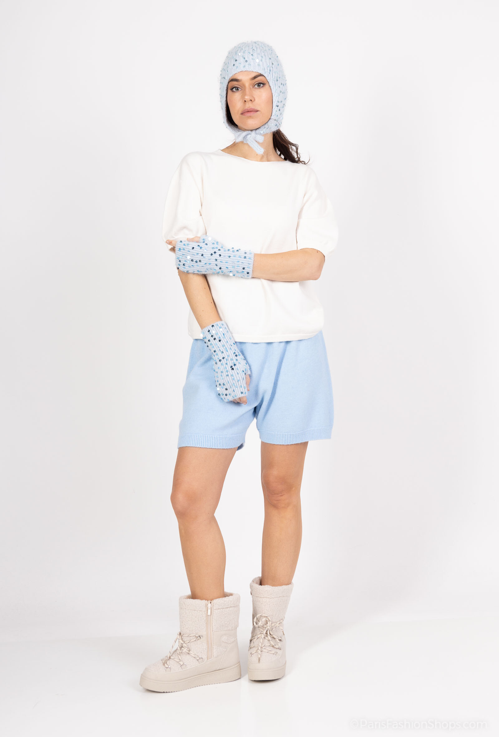 Mayorista Max & Enjoy (Vêtements) - Conjunto de gorro y manoplas de angora con brillo, gorro con dos lazos-Azul cielo