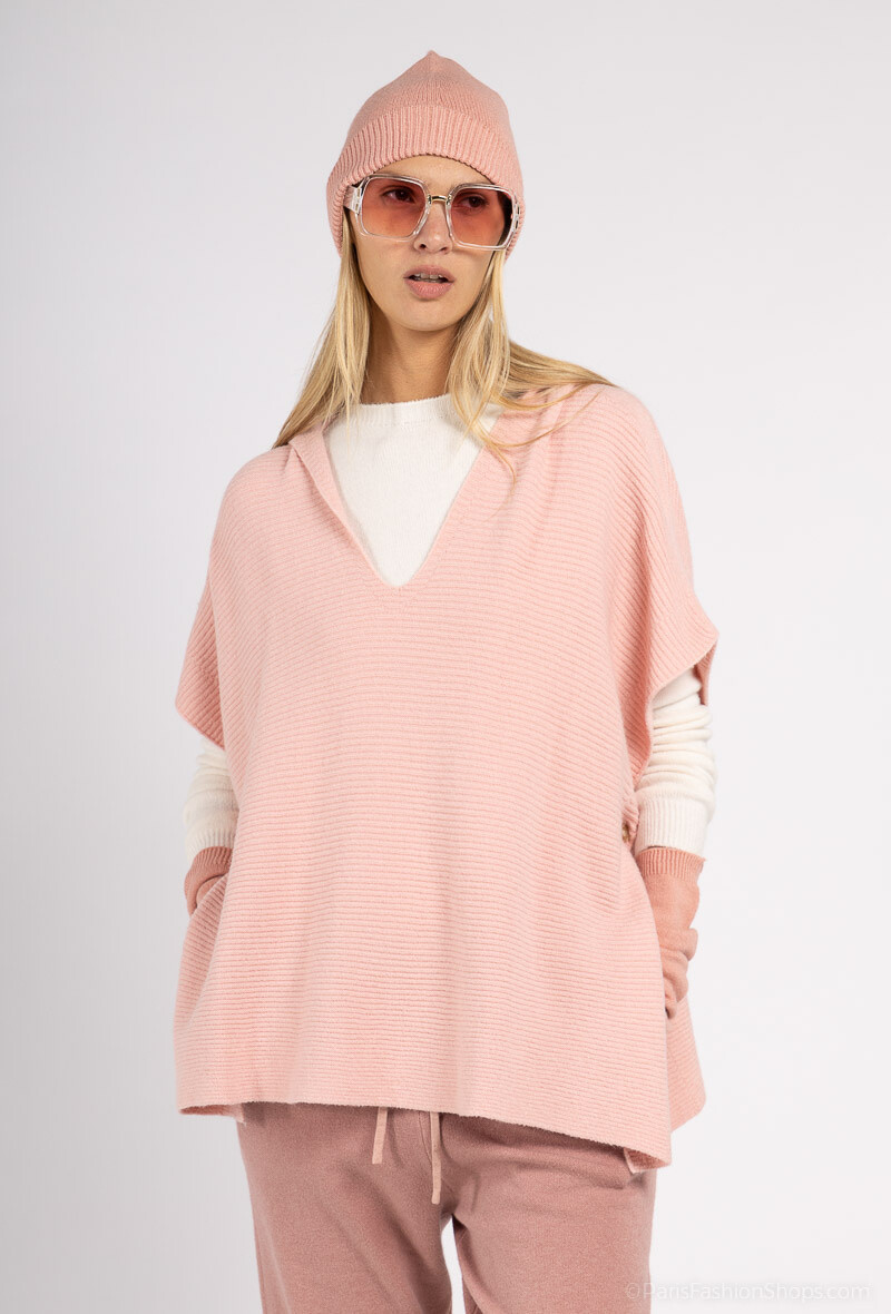 Grossiste Max & Enjoy (Vêtements) - Pull poncho oversize col v sans couture à côtes et capuche