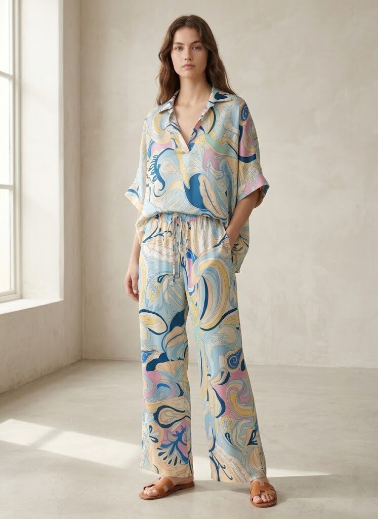 Grossiste Max & Enjoy (Vêtements) - ENSEMBLE IMPRIMÉ ARTISTIQUE BLEU PASTEL – FABRIQUÉ EN ITALIE
