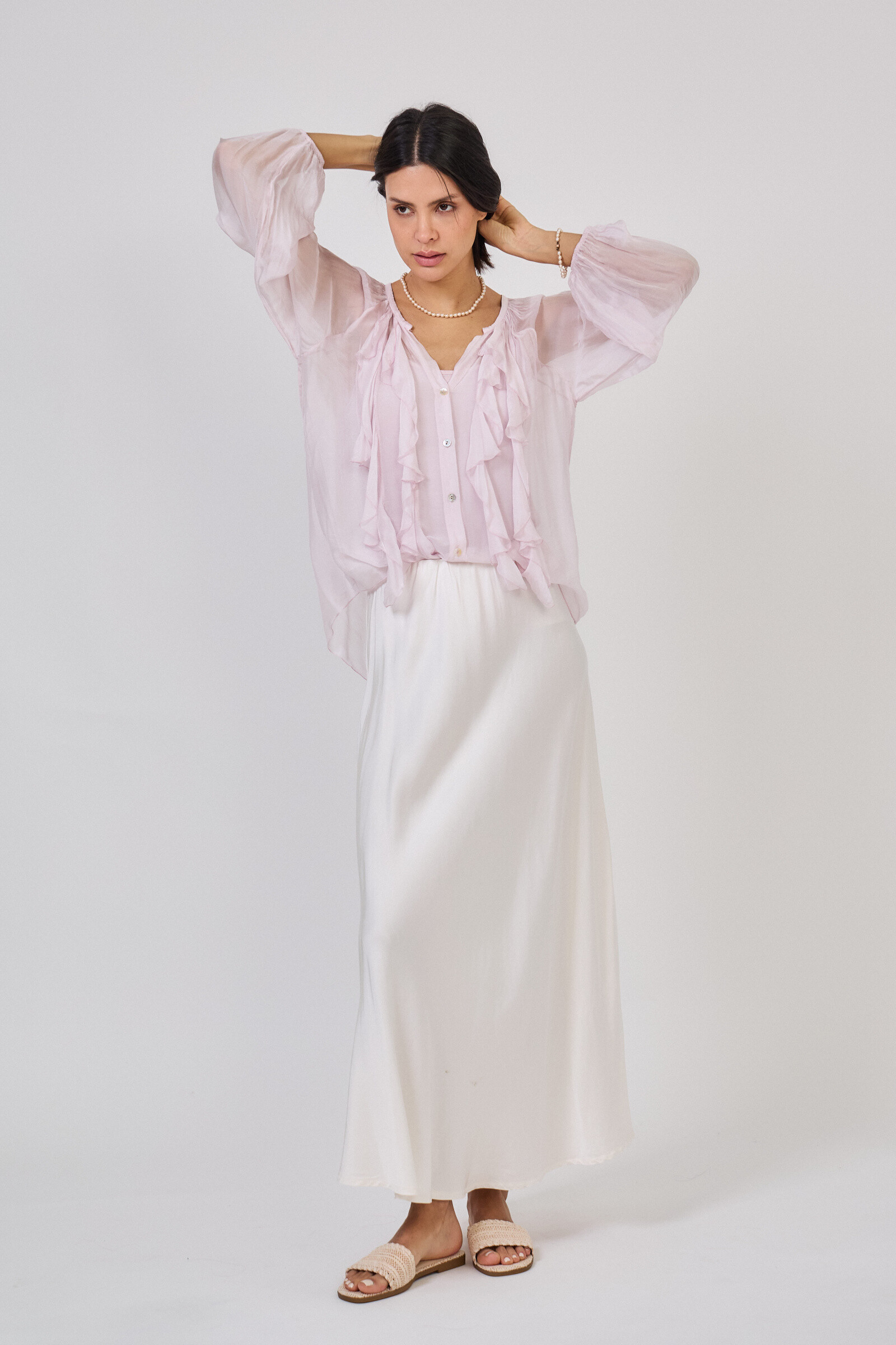 Grossiste Max & Enjoy (Vêtements) - OUTFIT (set total look) Ensemble Blouse soie vaporeuse et jupe soie satinée