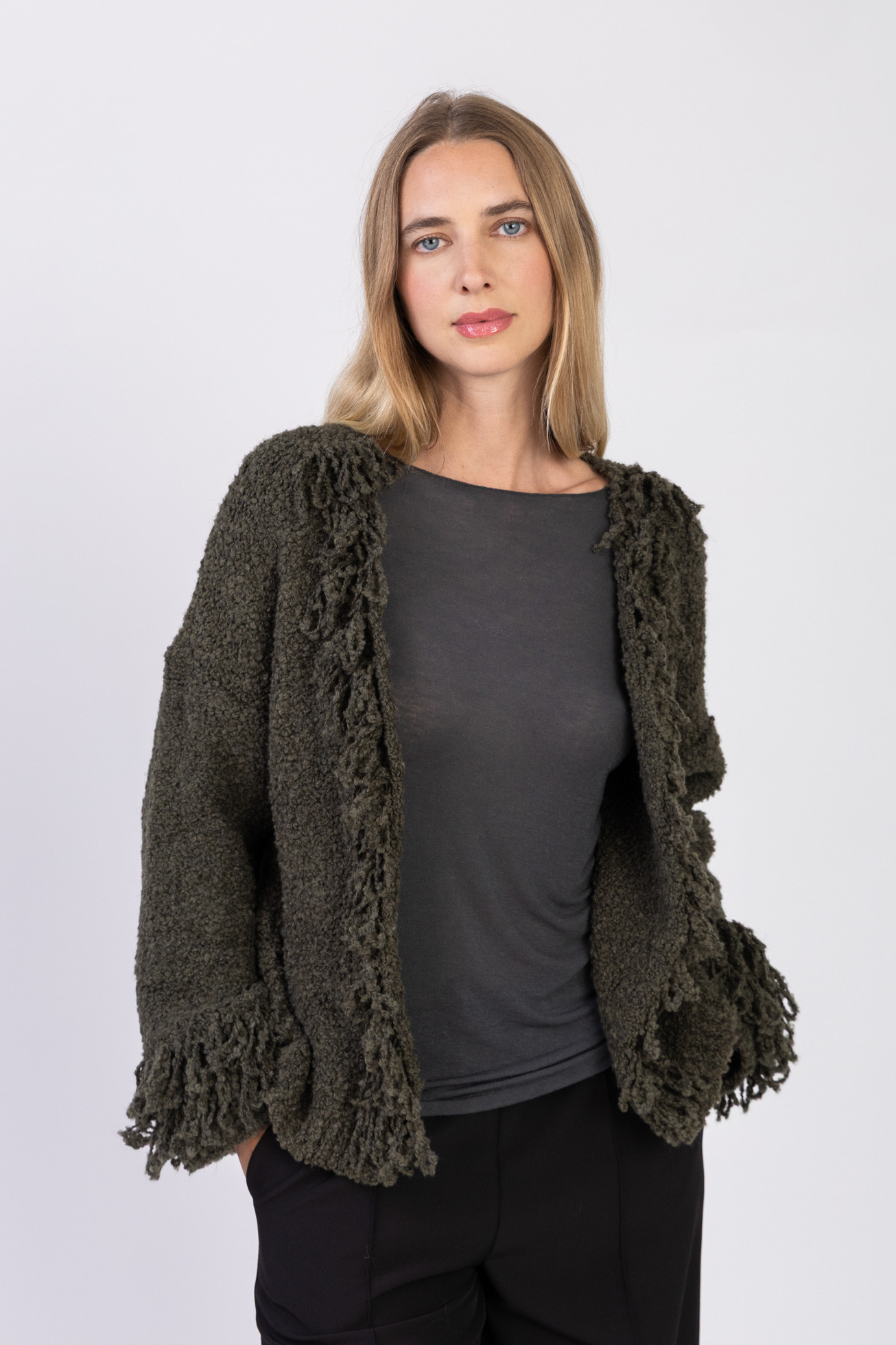 Wholesaler Max & Enjoy (Vêtements) - Long-sleeve boucle cardigan with chenille fringes-