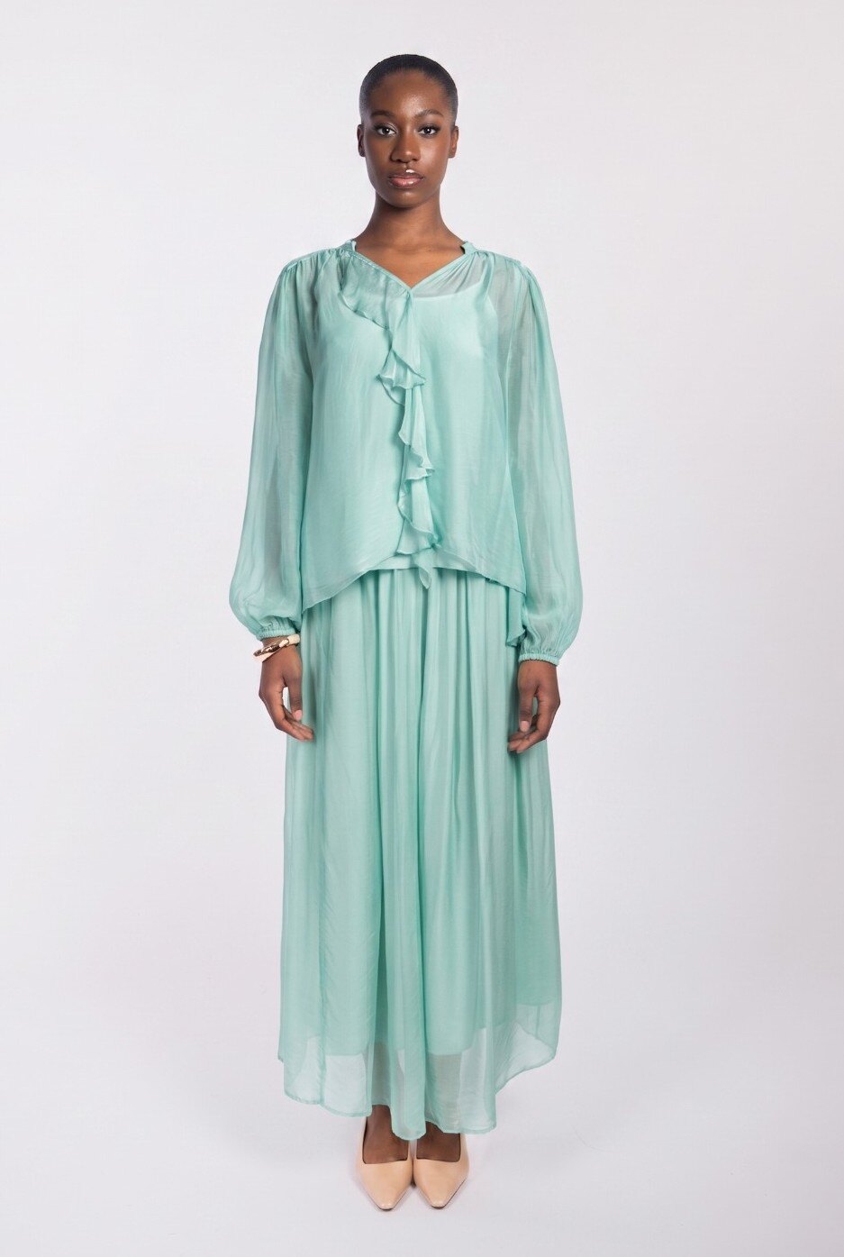 Jupe en mousseline de soie, jupe midi en tulle bohème à taille élastique, jupe en tulle de plage bleu pour femme, jupe d'été grand cercle swing, jupe longue de danse 4271 - France