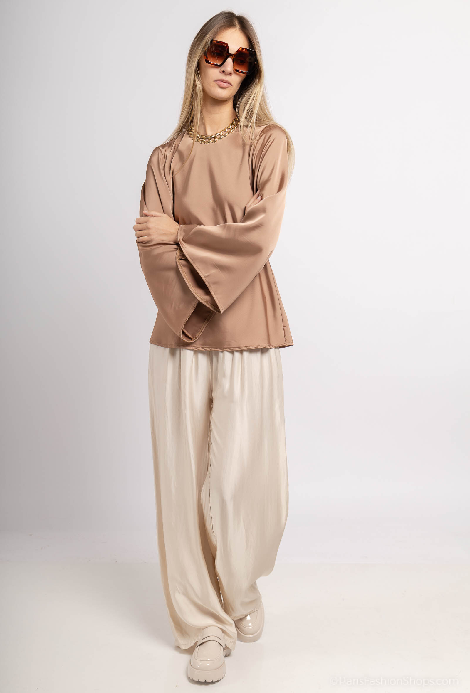 Grossiste Max & Enjoy (Vêtements) - Pantalon large uni en soie mélangée effet satiné, élastique, 2 poches