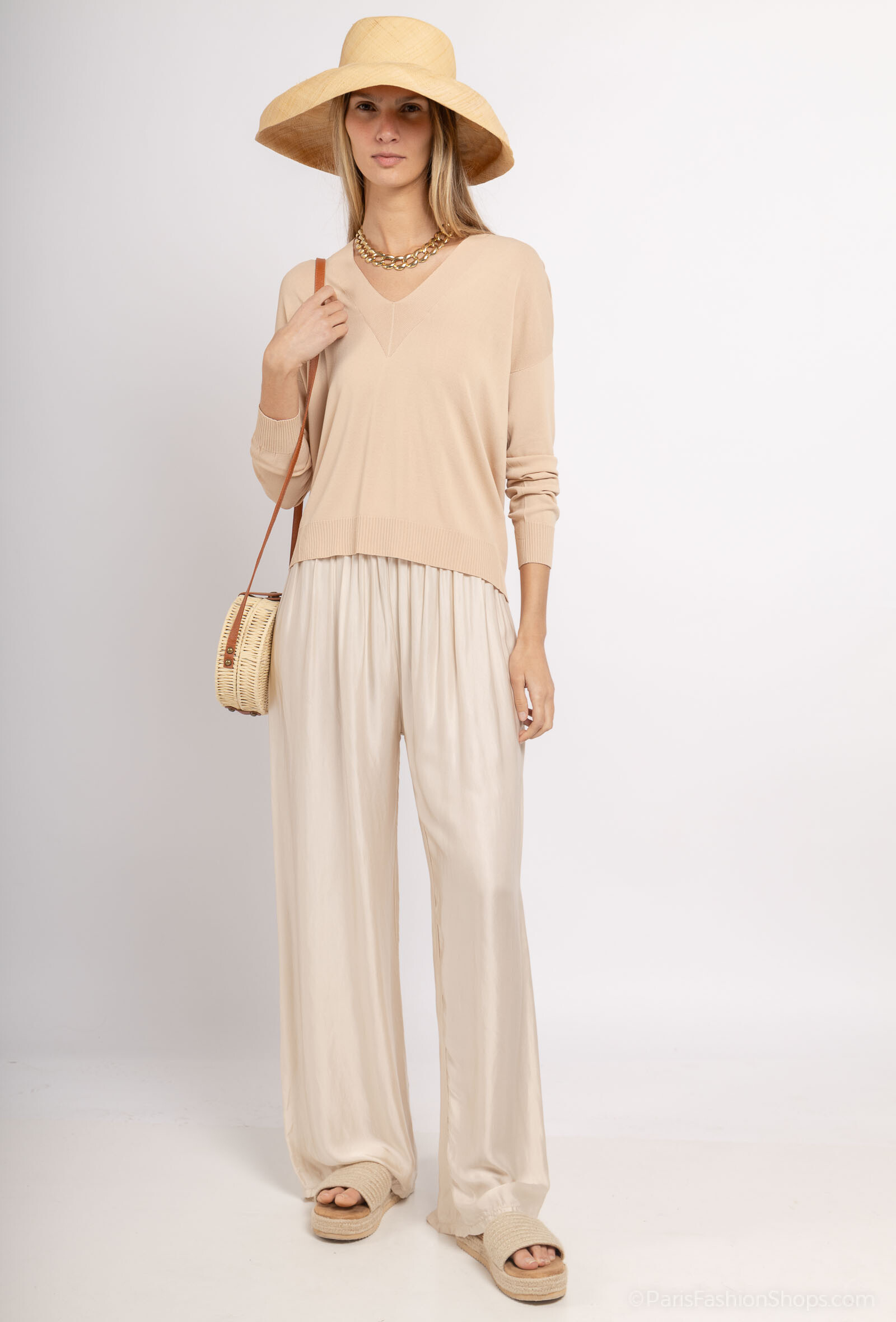 Grossista Max & Enjoy (Vêtements) - Grandi pantaloni uniti in un effetto raso di seta mista, elastico, 2 tasche
