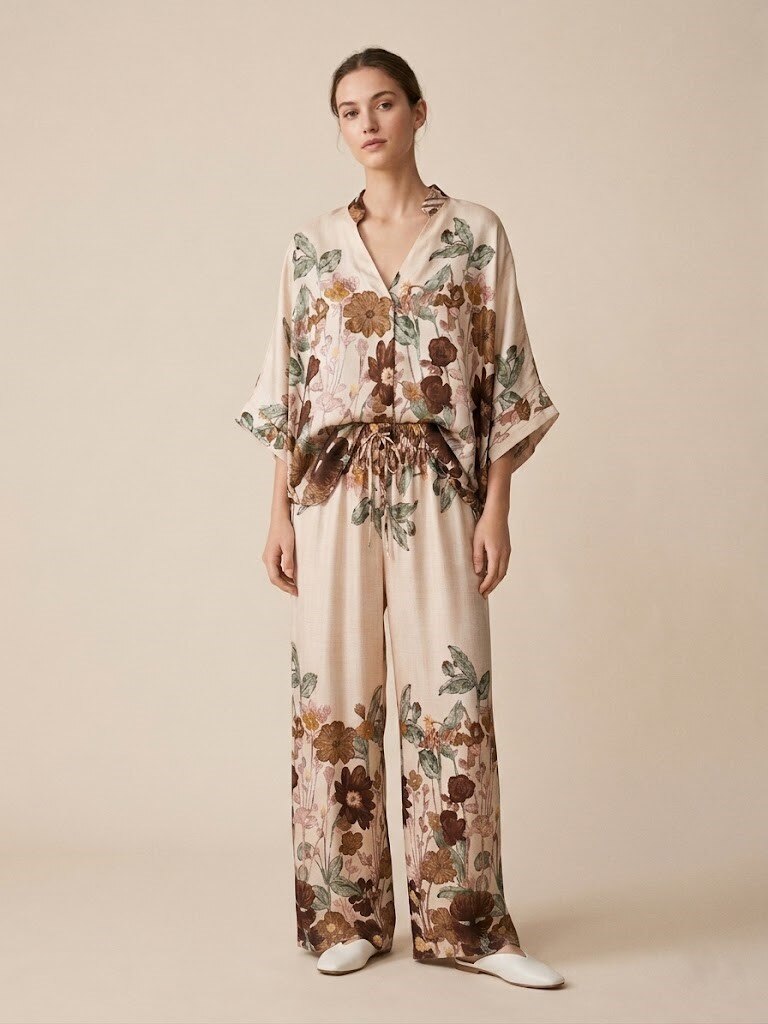 Wholesaler Max & Enjoy (Vêtements) - FLOWERS BLOOM printed trousers in silk blend