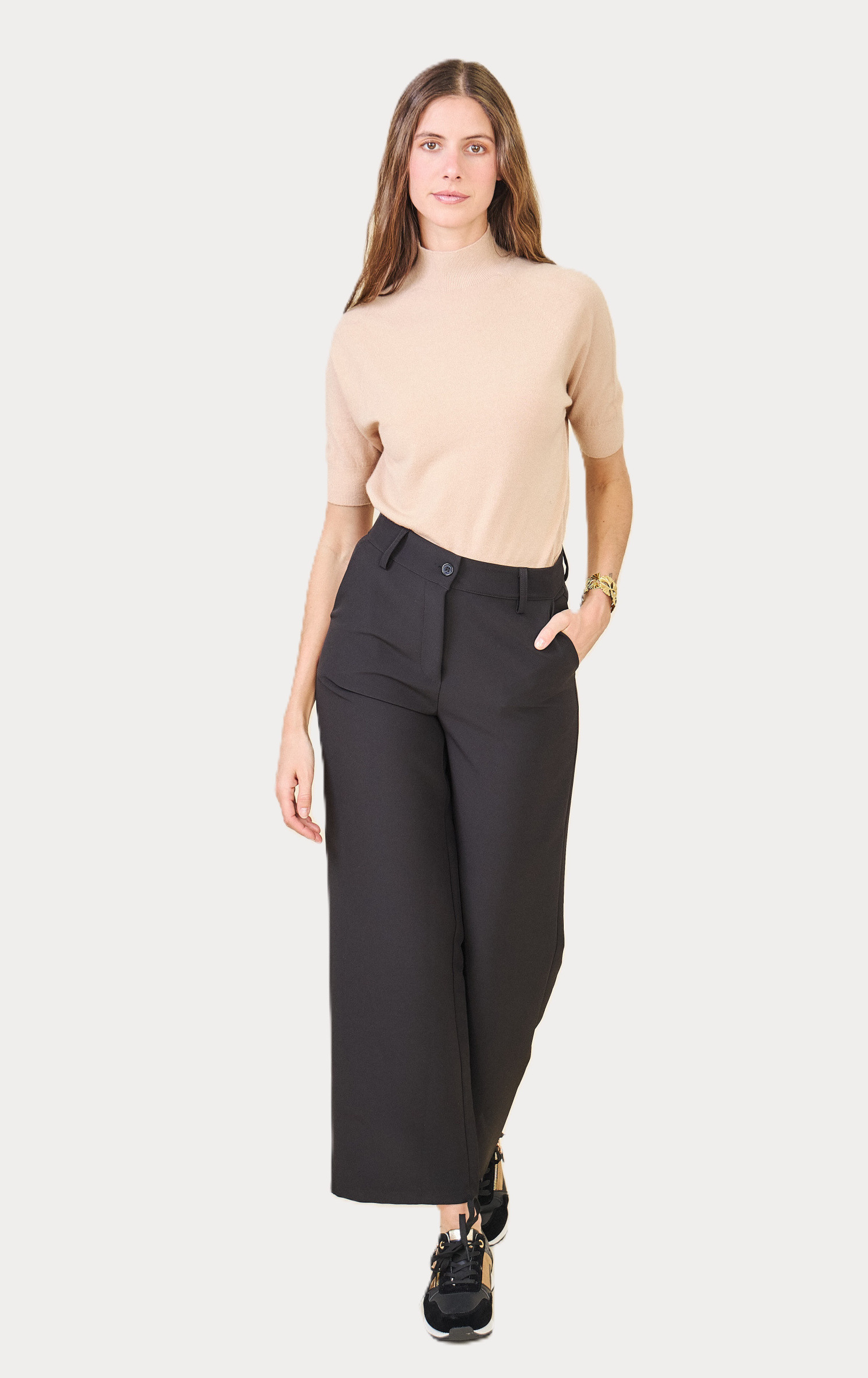 Mayorista Max & Enjoy (Vêtements) - Pantalón liso de talle alto y pierna ancha con trabillas