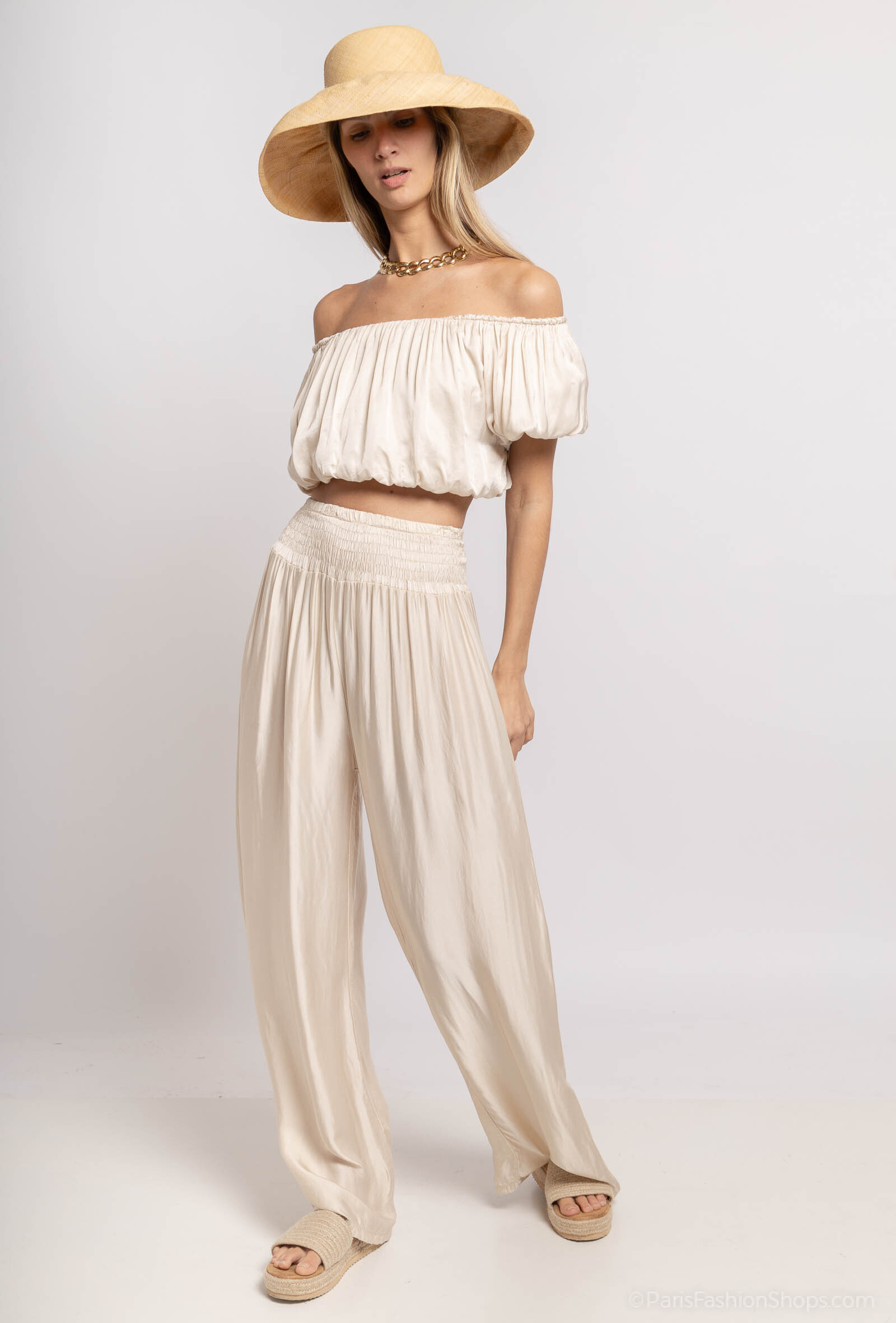 Grossista Max & Enjoy (Vêtements) - Grandi pantaloni fluidi di seta unita miscelati, ampi elastici alla coda-8050