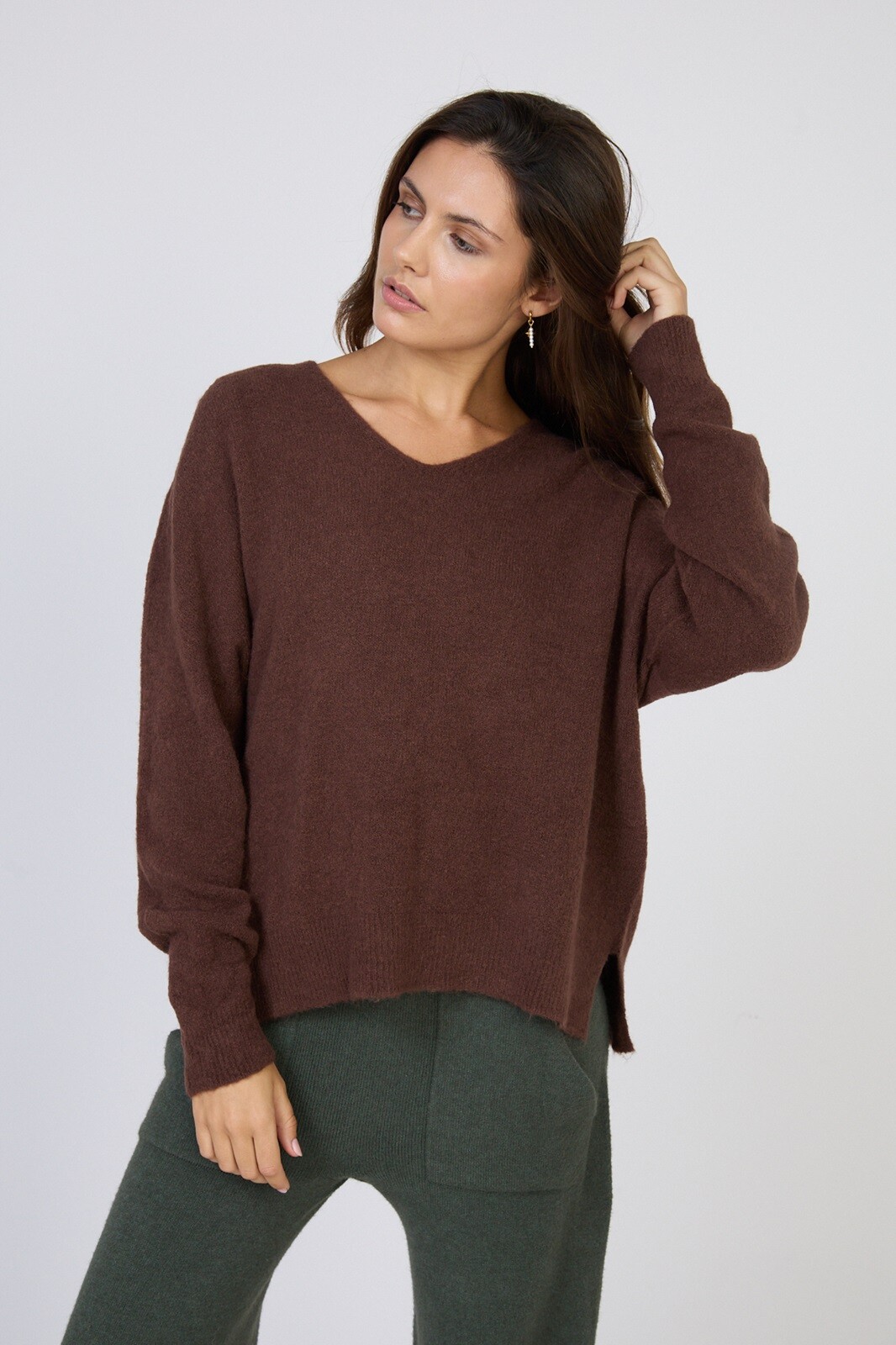 Großhändler Max & Enjoy (Vêtements) - Nahtloser V-Ausschnitt-Pullover mit Baby-Alpaka-Mischung, lange Ärmel