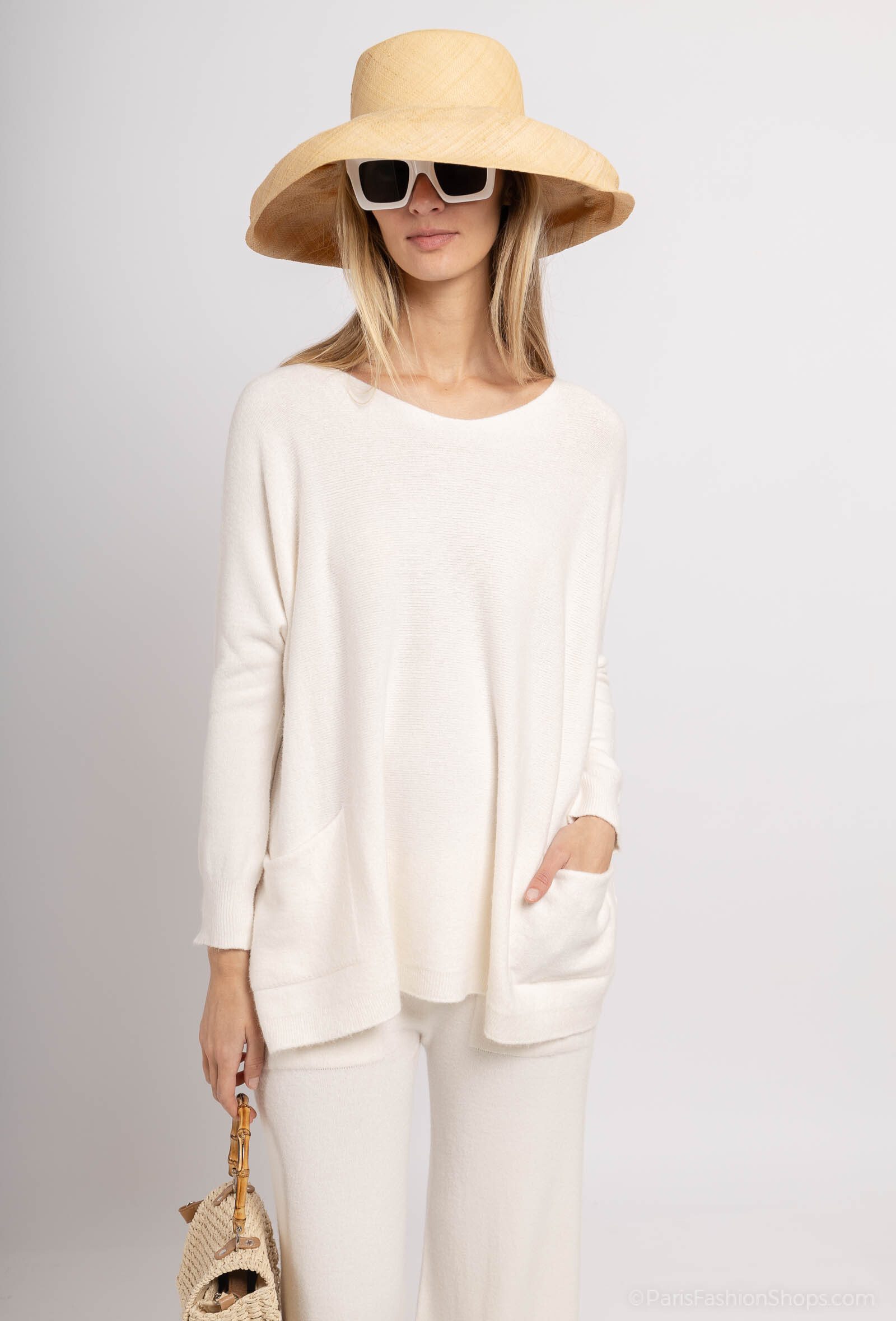 Grossista Max & Enjoy (Vêtements) - Maglione a collo tondo di grandi dimensioni senza cucitura, due tasche anteriori, tocca Cahemire