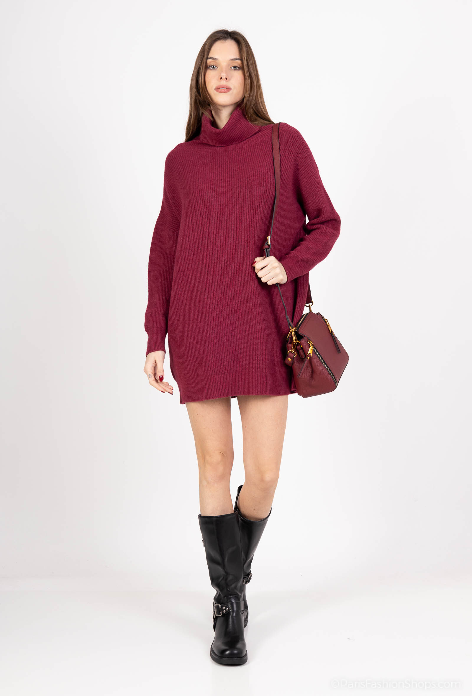 Grossista Max & Enjoy (Vêtements) - Maglione lungo oversize senza cuciture, collo alto a palloncino, maniche lunghe-27004