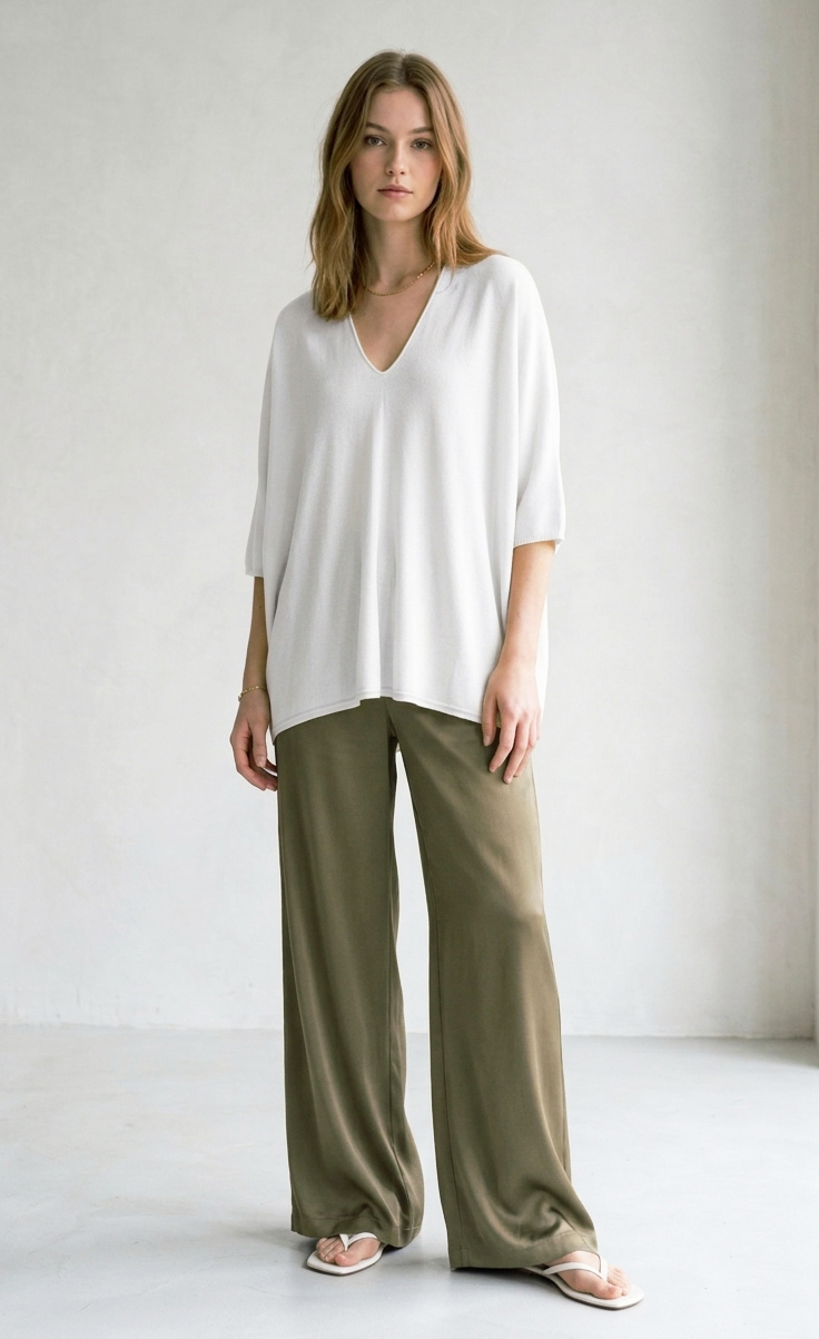 Grossiste Max & Enjoy (Vêtements) - Pull long maille légère et fine col v sans couture, manches 3 ⁄ 4