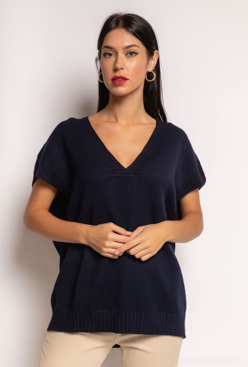 Großhändler Max & Enjoy (Vêtements) - Nahtloser Oversize-Pullover mit V-Ausschnitt, kurze Ärmel, Kaschmir-Touch