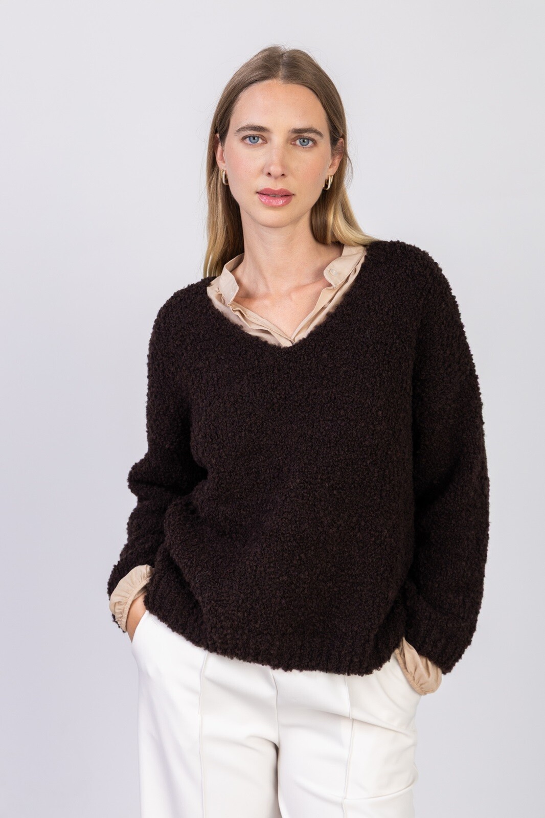 Großhändler Max & Enjoy (Vêtements) - V-Ausschnitt Pullover mit Fleece-Effekt, langen Ärmeln und Wollmischung