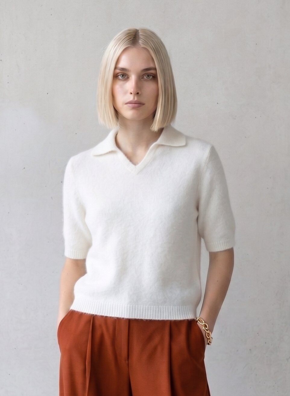 Grossiste Max & Enjoy (Vêtements) - Pull polo col V manches courtes Baby alpaga