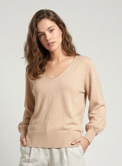 Großhändler Max & Enjoy (Vêtements) - Leichter Feinstrickpullover, nahtloser V-Ausschnitt, semi-balloon lange Ärmel