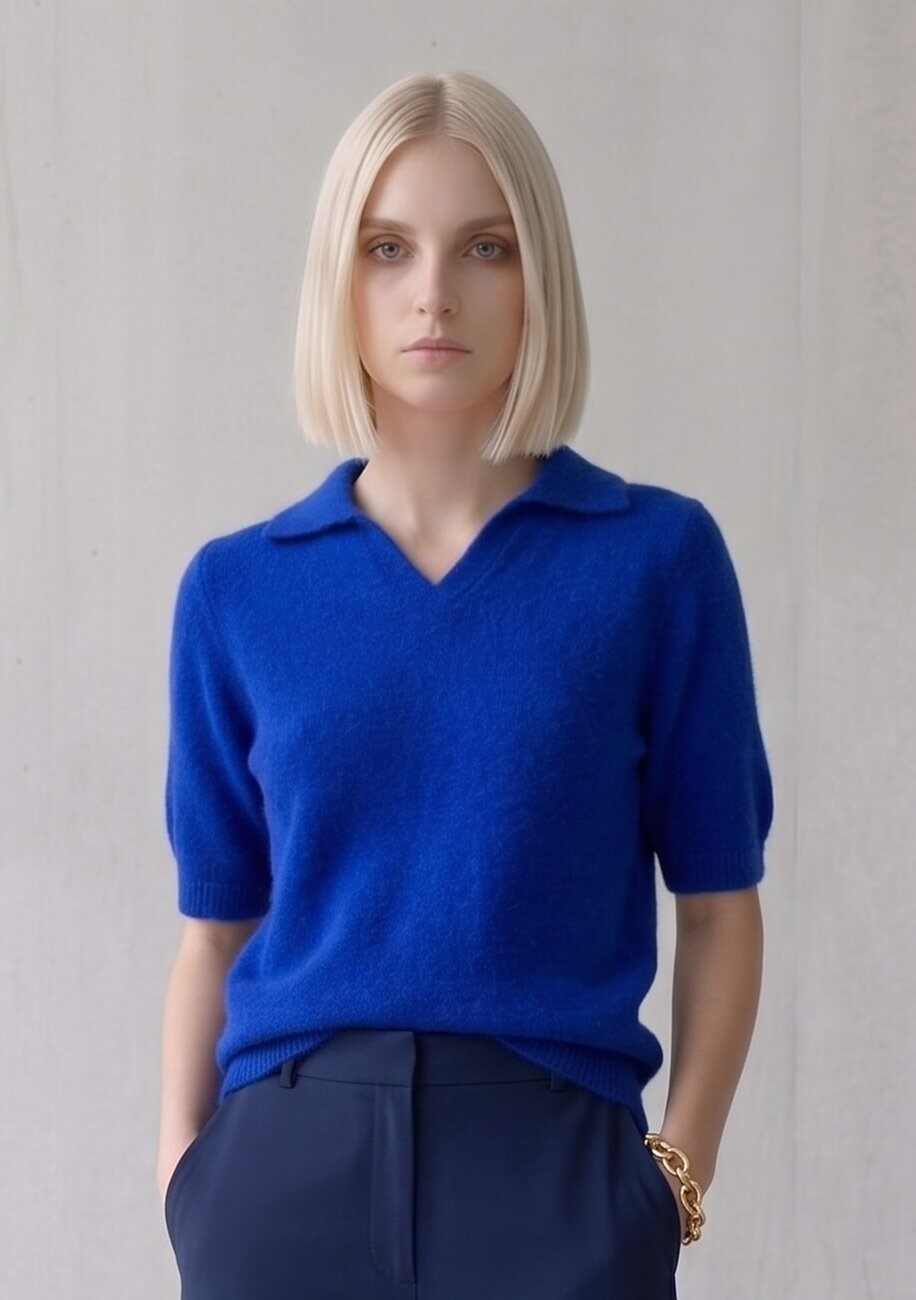 Großhändler Max & Enjoy (Vêtements) - V-Ausschnitt Polopullover mit kurzen Ärmeln aus Baby-Alpaka