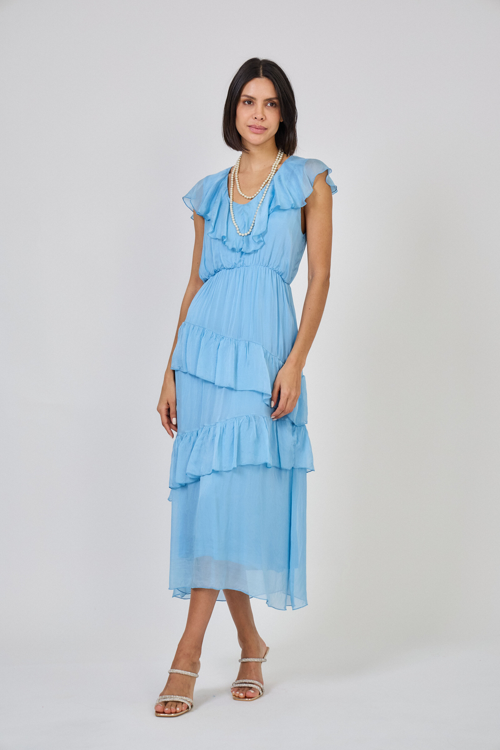 Grossiste Max & Enjoy (Vêtements) - Robe longue à volant en soie mélangée effet vaporeux