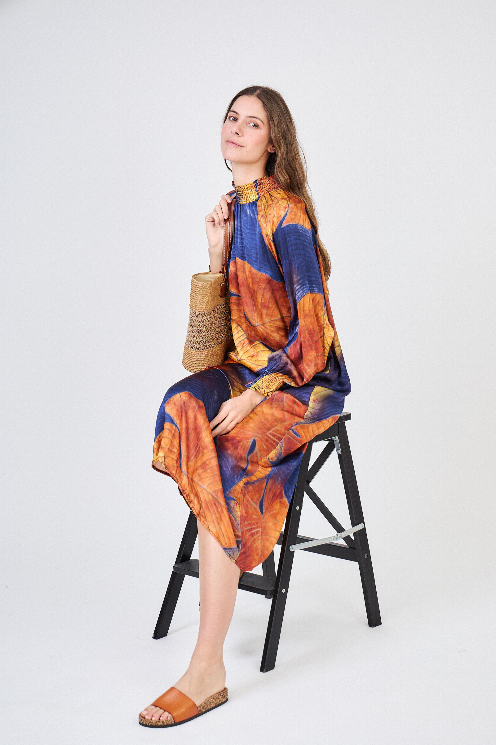 Grossista Max & Enjoy (Vêtements) - Abito stampato a fiori ginkgo lungo in seta mista