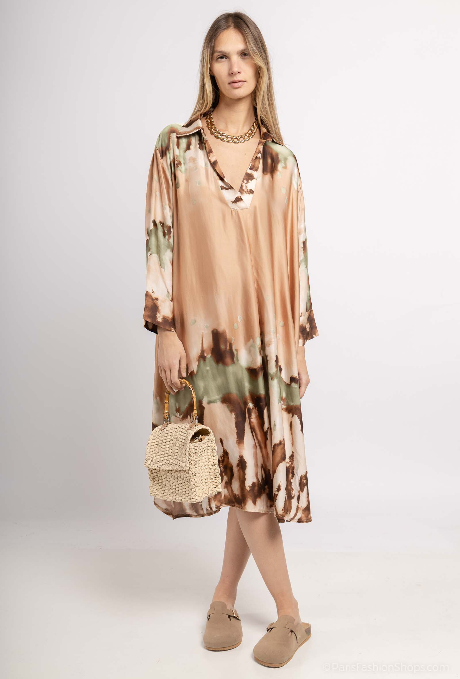 Grossista Max & Enjoy (Vêtements) - Abito lungo oversize Stampato a maniche lunghe "cravatta e tintura", v -collo, seta mista