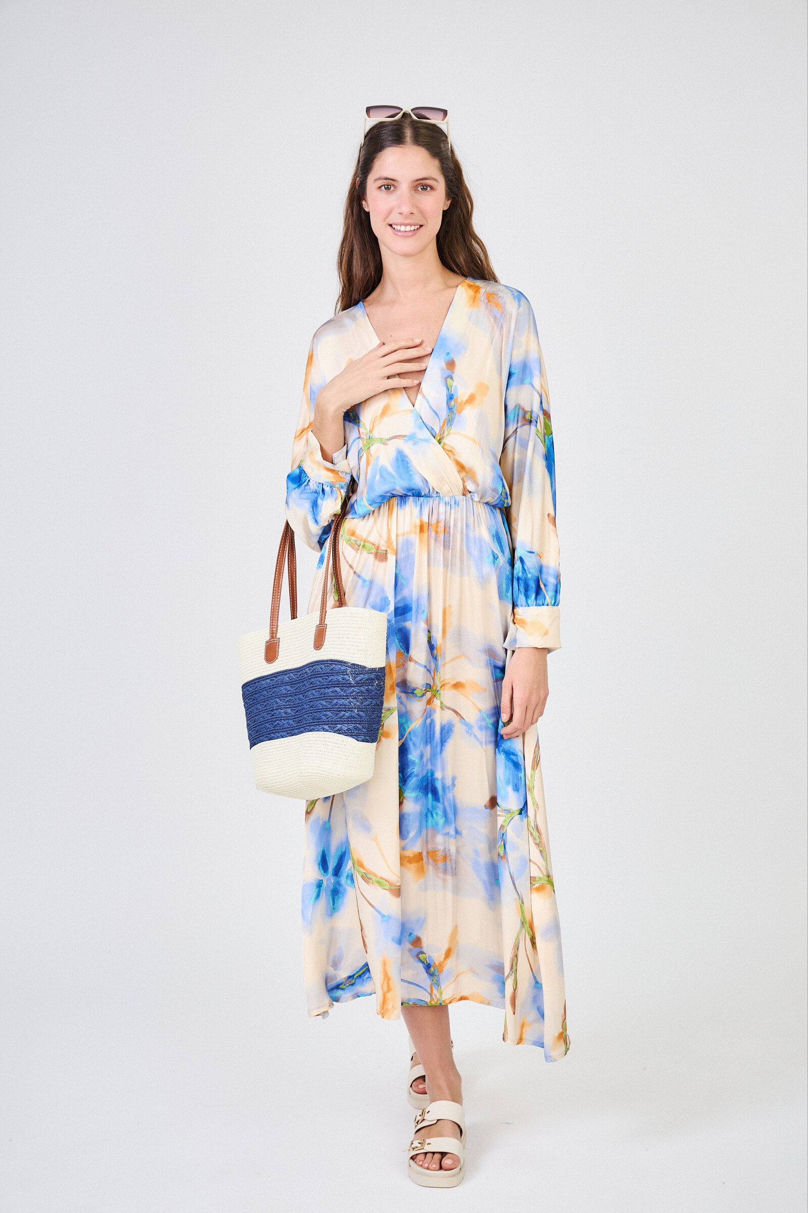 Mayorista Max & Enjoy (Vêtements) - Vestido largo de "estampado floral" V -neck, mangas largas