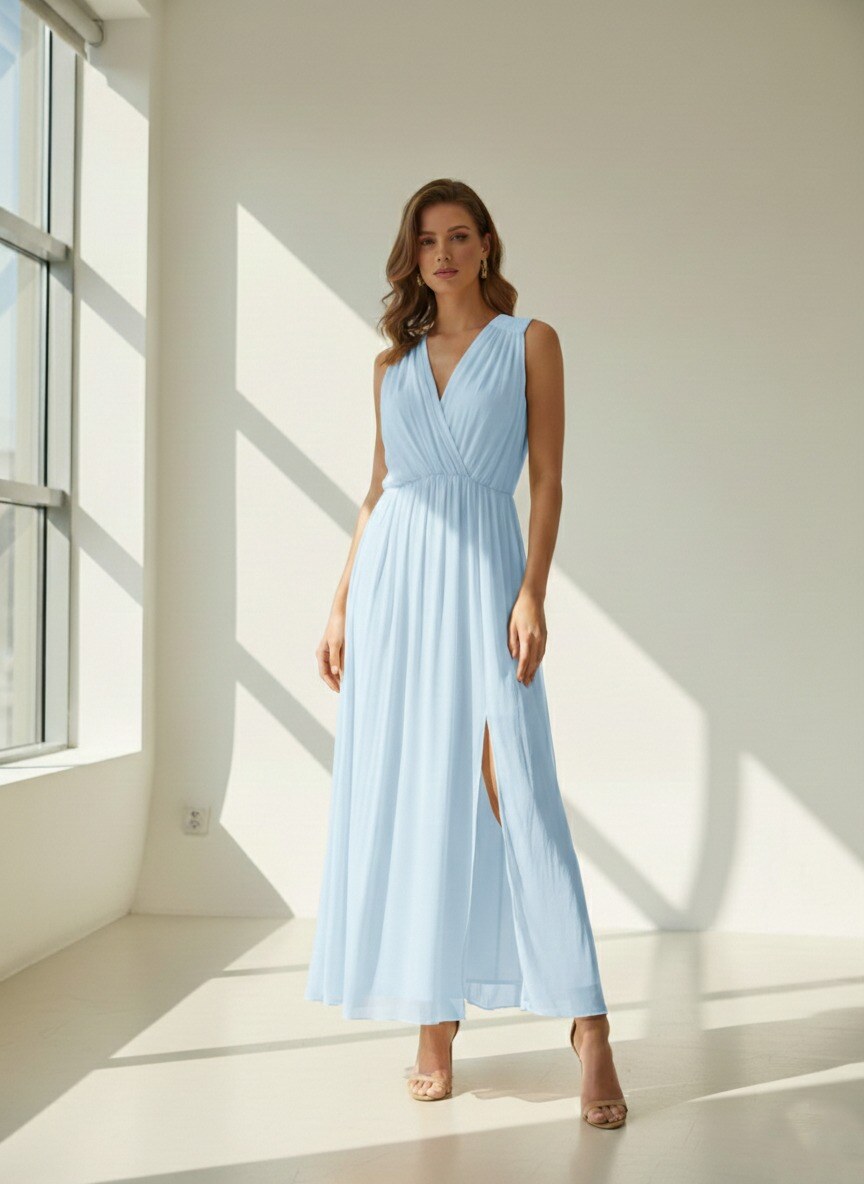 Grossiste Max & Enjoy (Vêtements) - Robe longue plissée, col v, sans manche en soie mélangée effet vaporeux