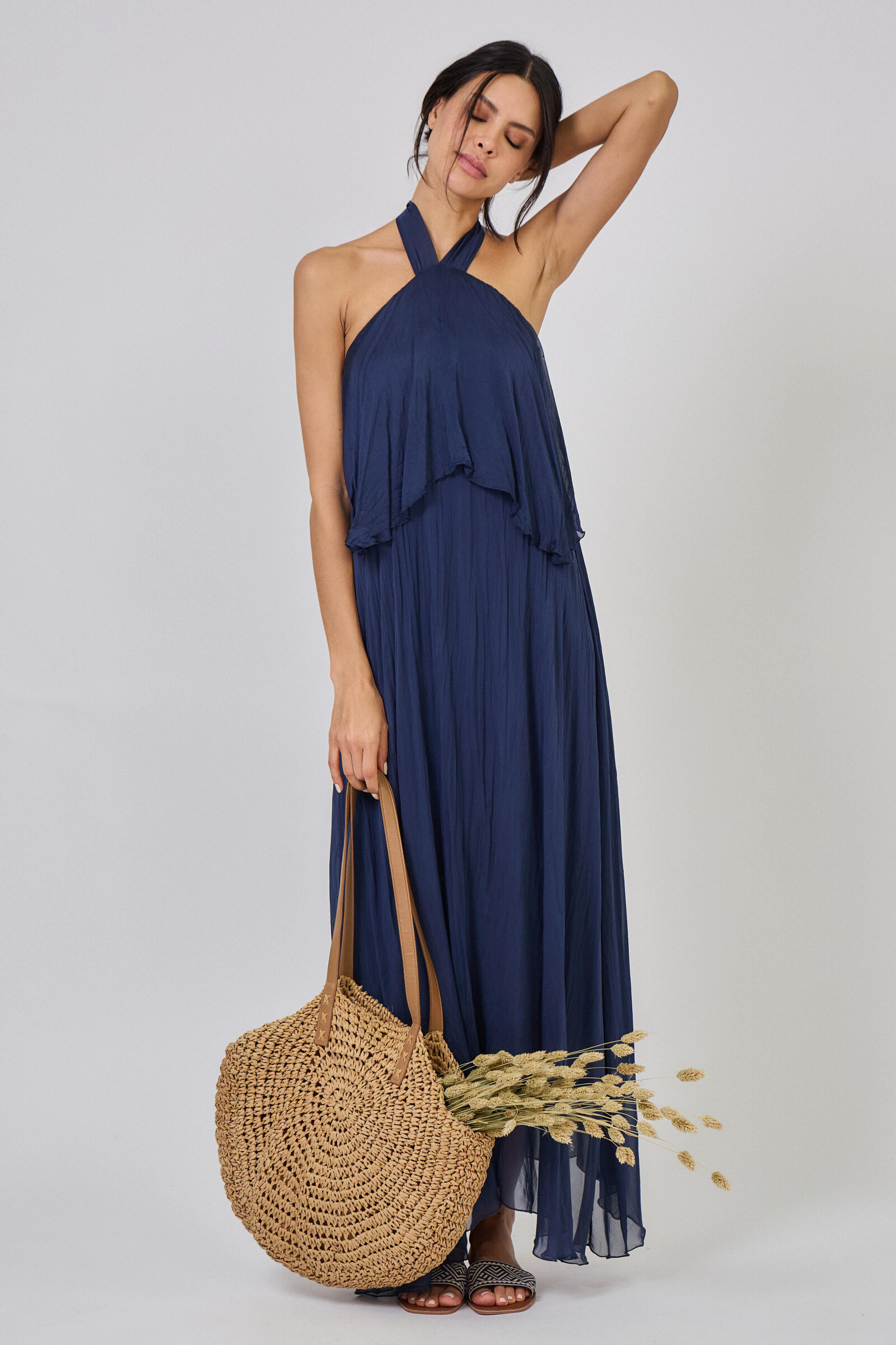 Grossiste Max & Enjoy (Vêtements) - Robe longue col ruban à nouer en soie mélangée