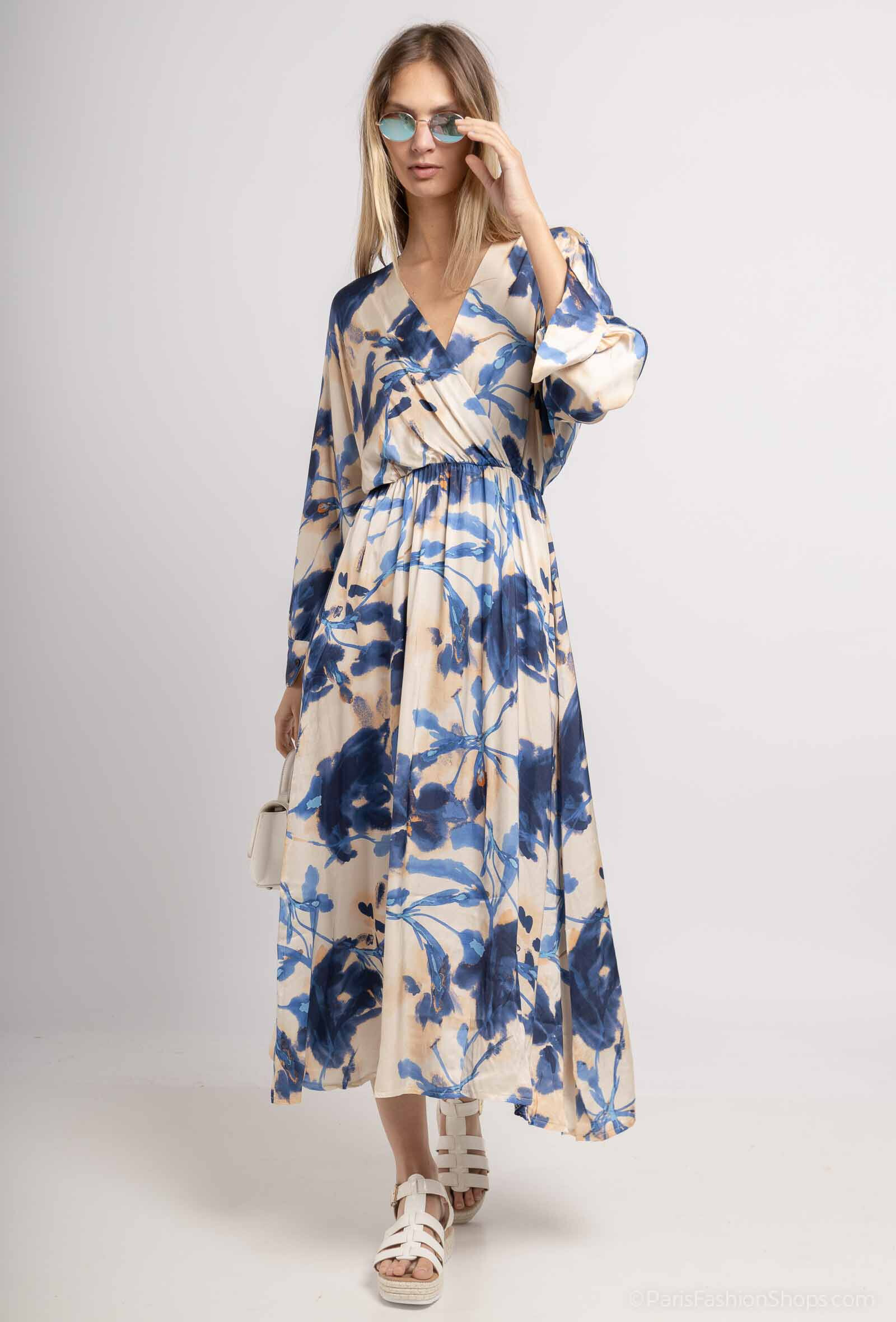 Wholesaler Max & Enjoy (Vêtements) - Floral long dress V, long sleeves, mixed silk